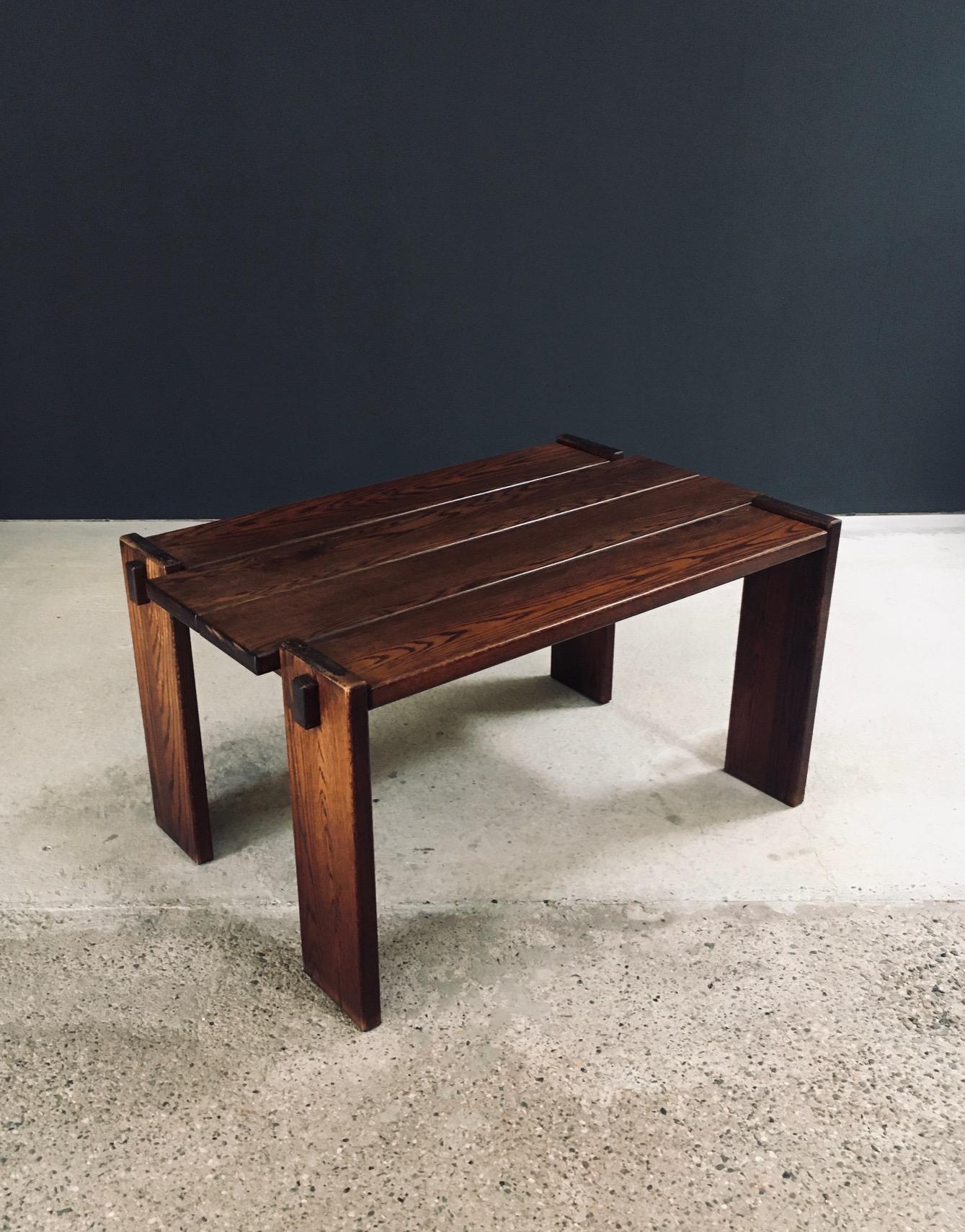 Vintage Constructivist / Brutalist Design Oak Dining Table. Made in Belgium, 1960's period. Heavy solid oak constructed table with beautiful construction details. This comes in very good, original condition with normal signs of wear from it's age