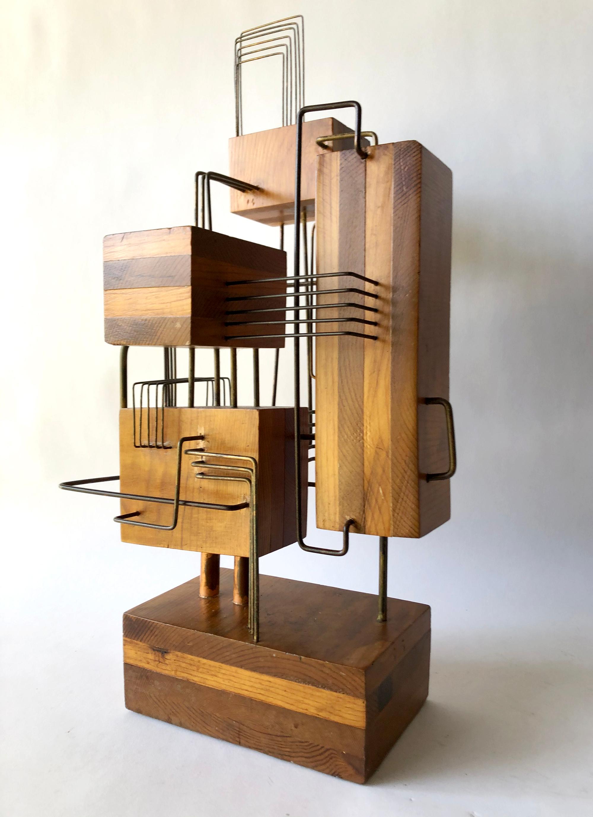 Handmade, constructivist inspired wood and copper wire sculpture created in 1987 by Yosh. Sculpture stands 23.5