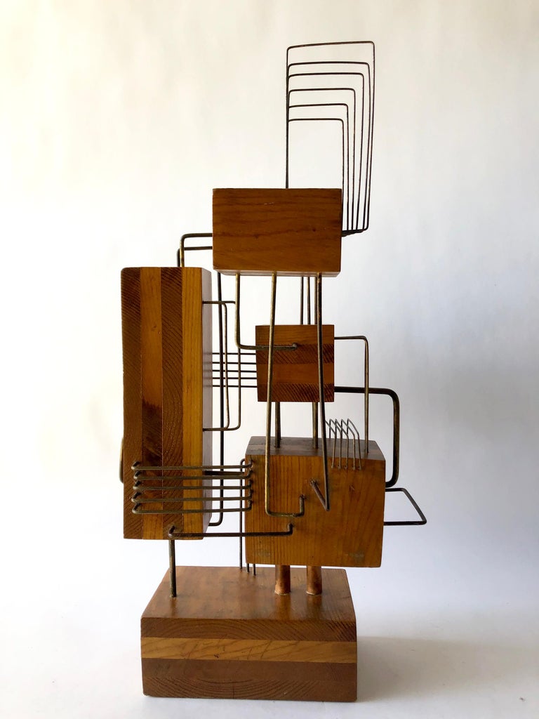 Constructivist Laminated Wood Copper Wire Handmade Studio Sculpture For Sale at 1stDibs