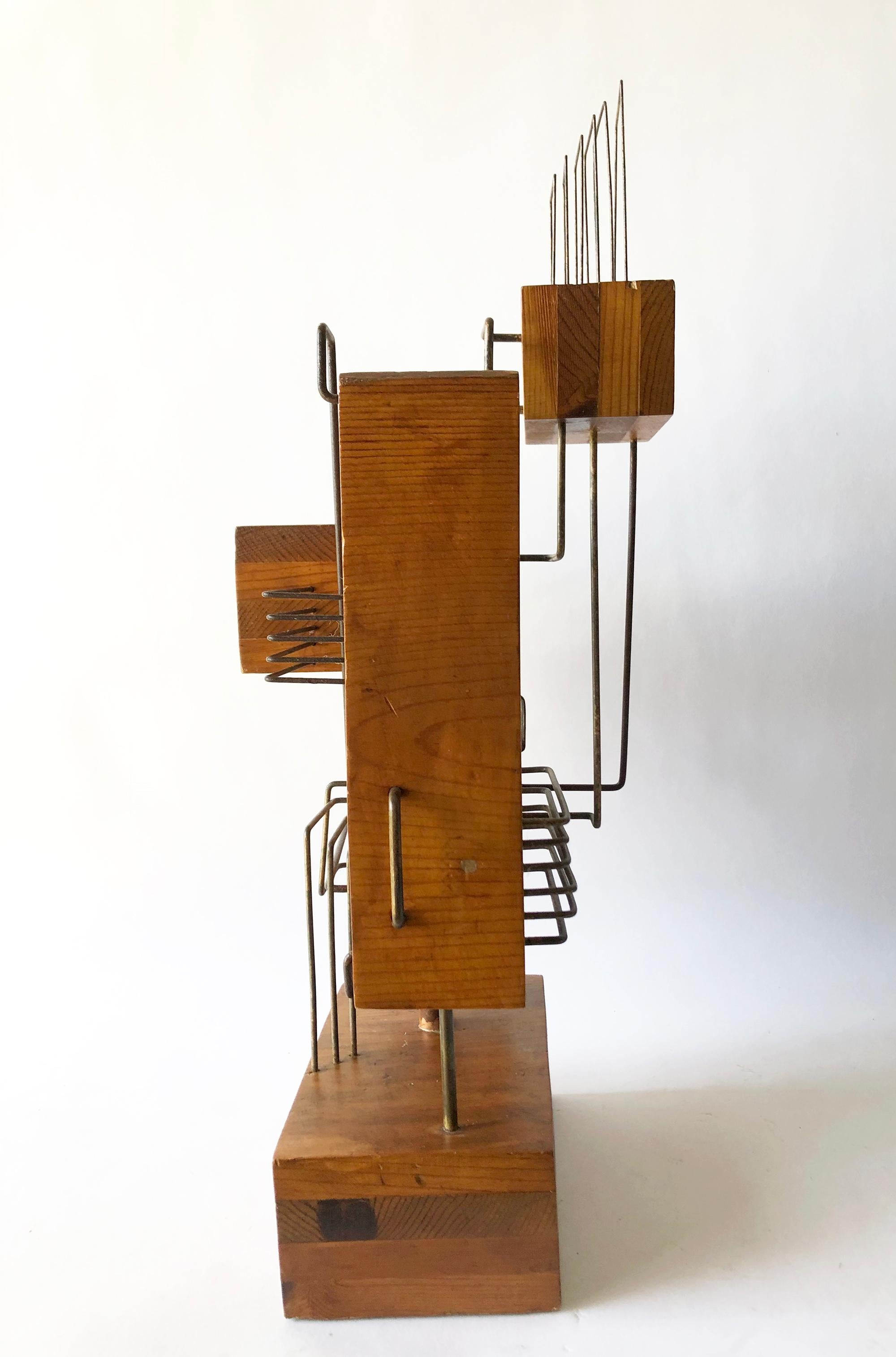 American Constructivist Laminated Wood Copper Wire Handmade Studio Sculpture