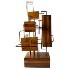 Constructivist Laminated Wood Copper Wire Handmade Studio Sculpture