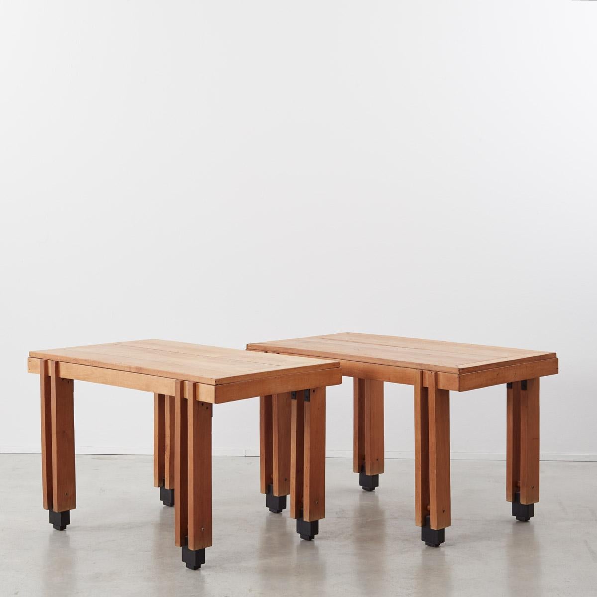 These charming tables – for use as desks or dining – are made from solid wood have a lovely handmade quality to them. They are unmarked and possibly prototypes, with a design aesthetic alluding to the works of renowned Italian architect Carlo Scarpa