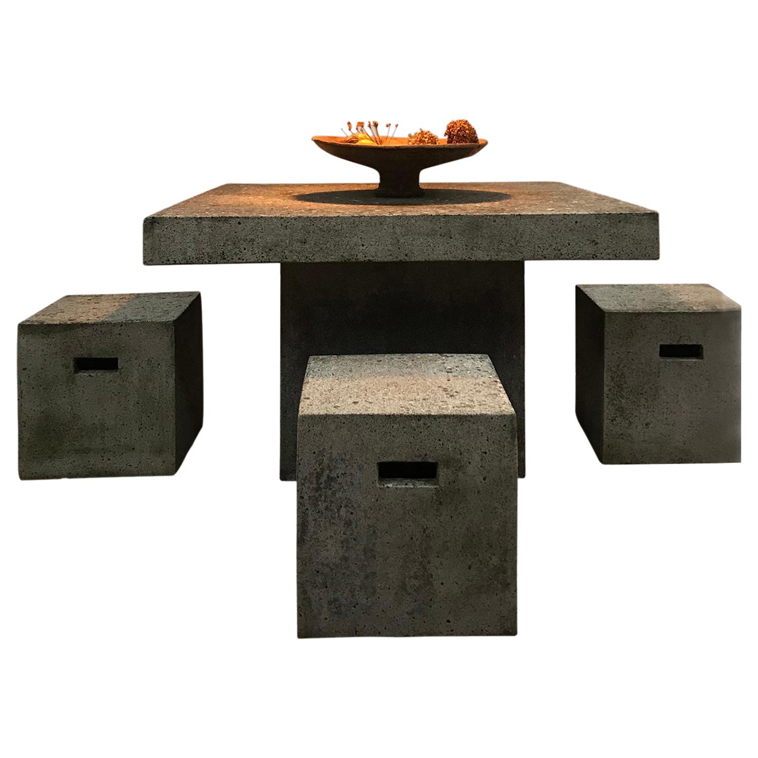 Constructivist Outdoor Granite Table and Stools Set, France, 1980