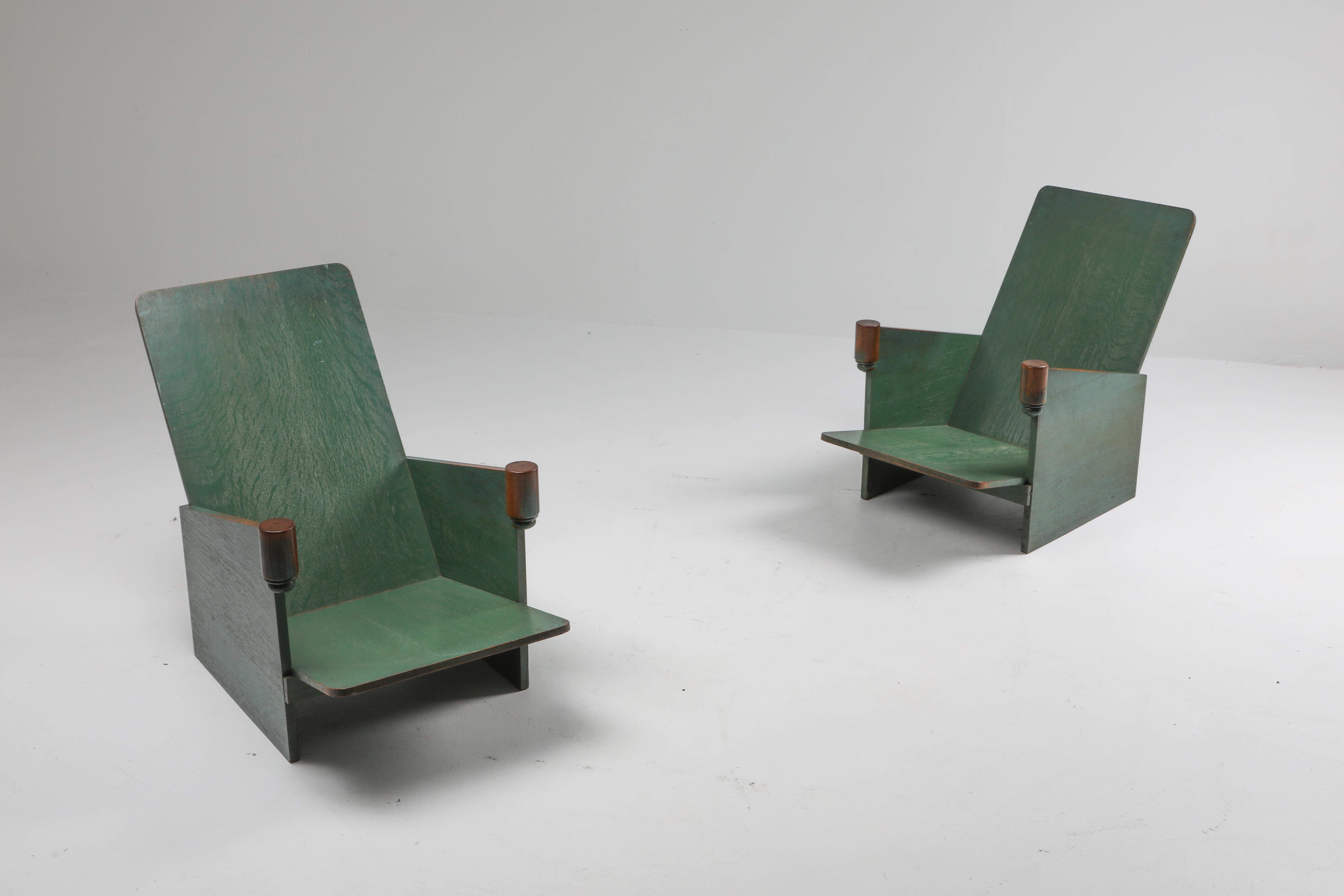 Art Deco Constructivist Pair of Green Lounge Chairs, Belgium, 1920s