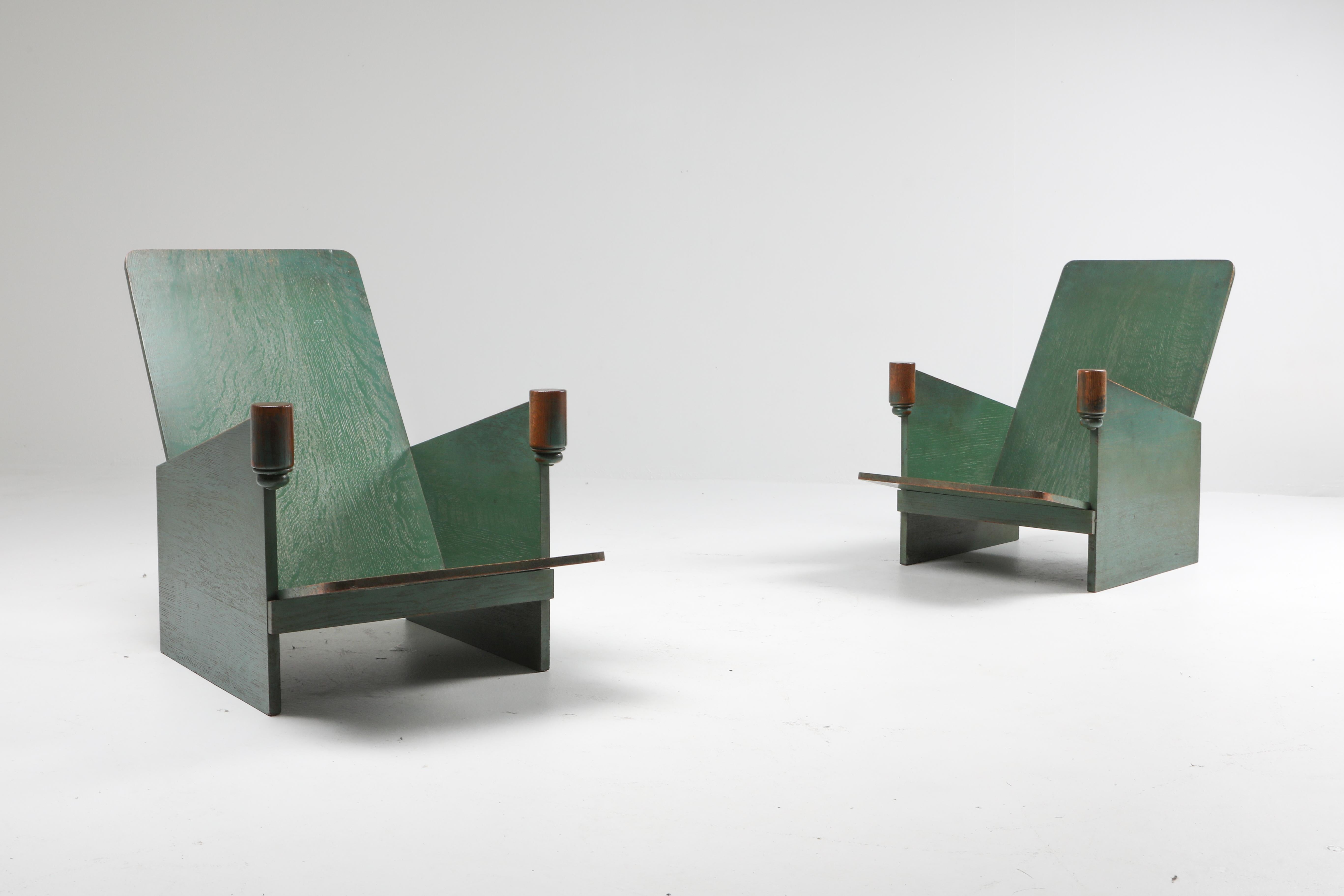 European Constructivist Pair of Green Lounge Chairs, Belgium, 1920s