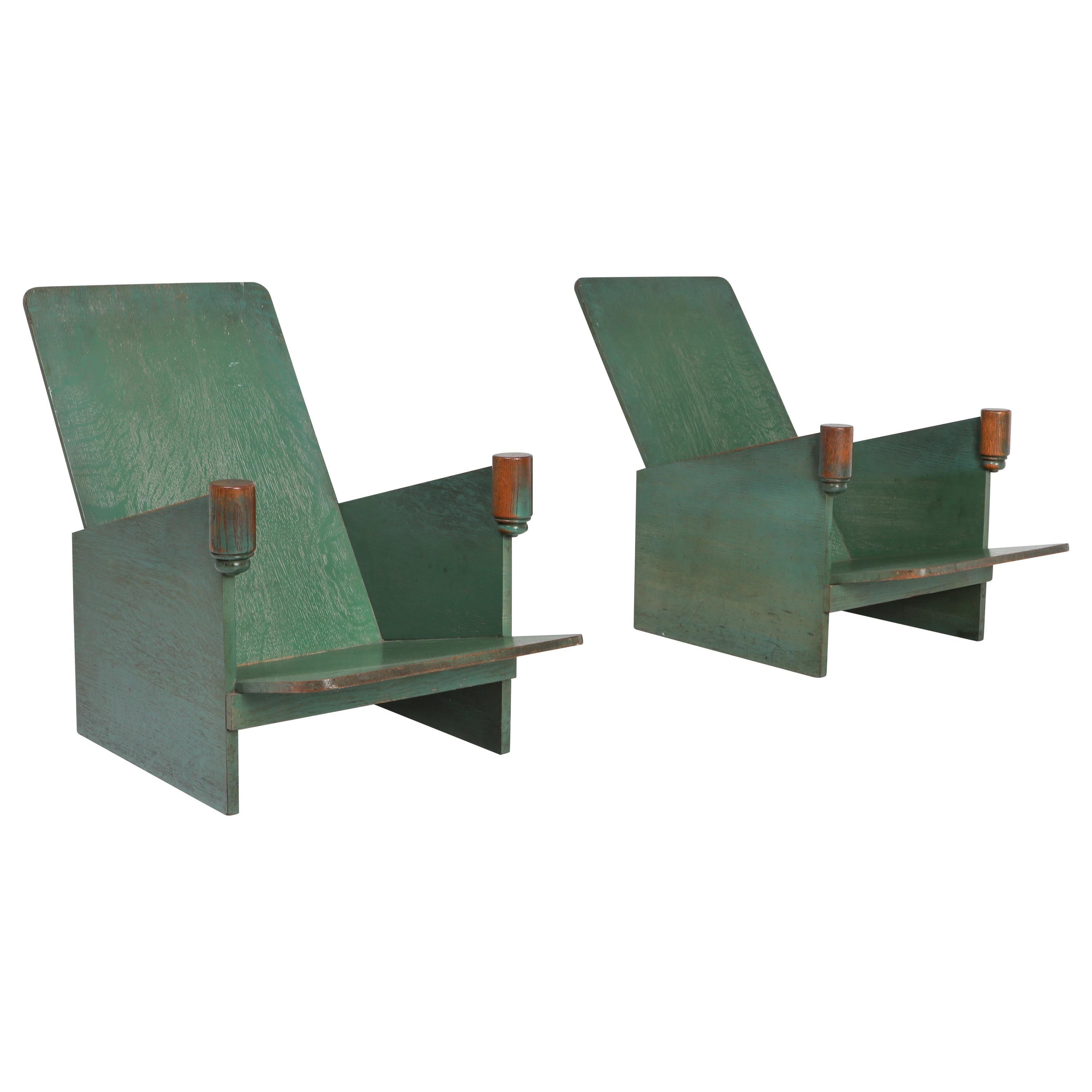 Constructivist Pair of Green Lounge Chairs, Belgium, 1920s