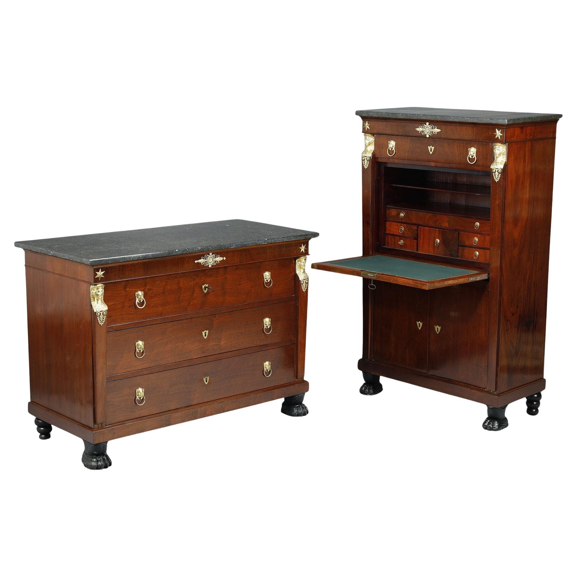 Consulat Commode and Secretary in Mahogany and Mahogany veneer For Sale