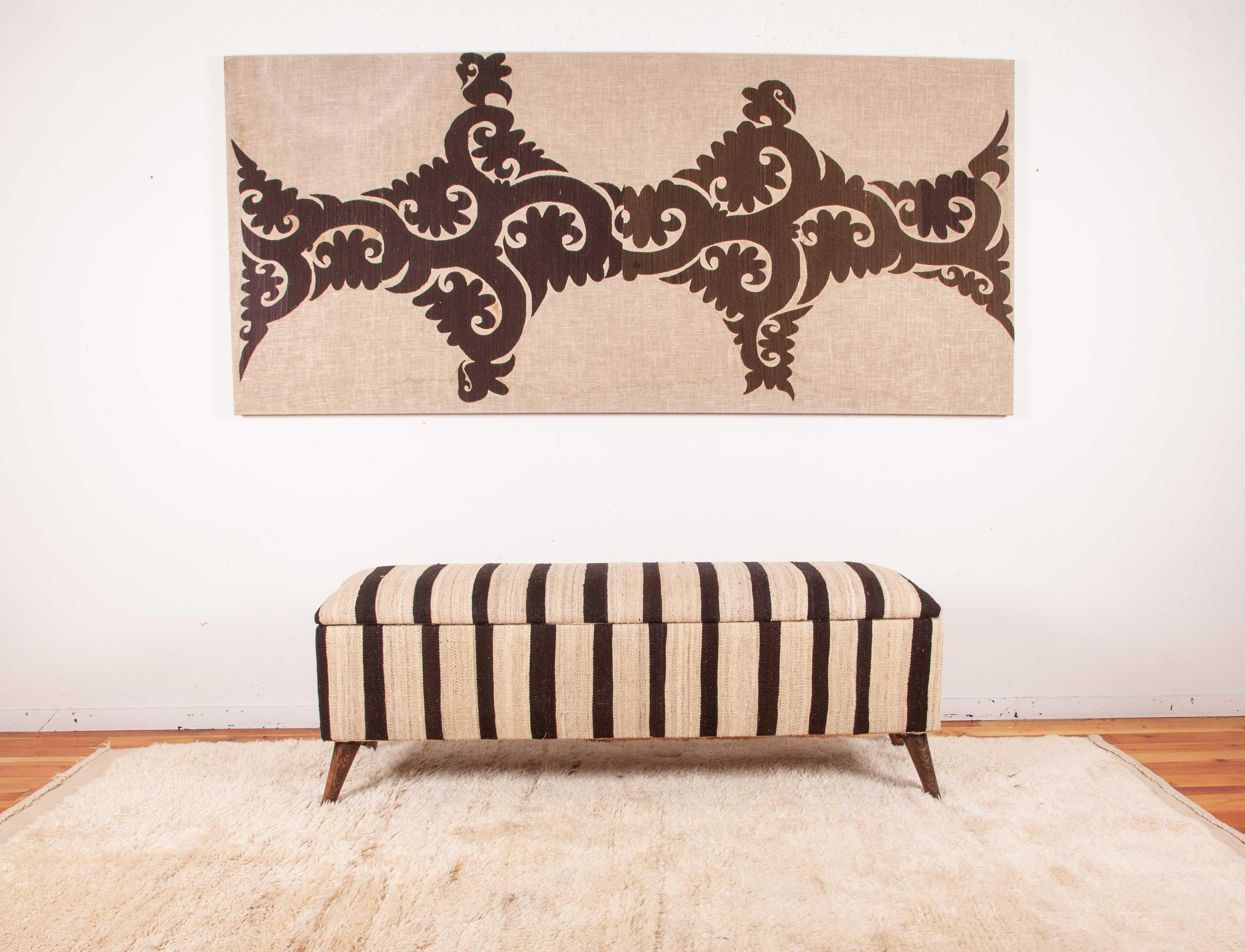 Hand-Woven Container Bench Upholstered with a Vintage Kilim Black and White