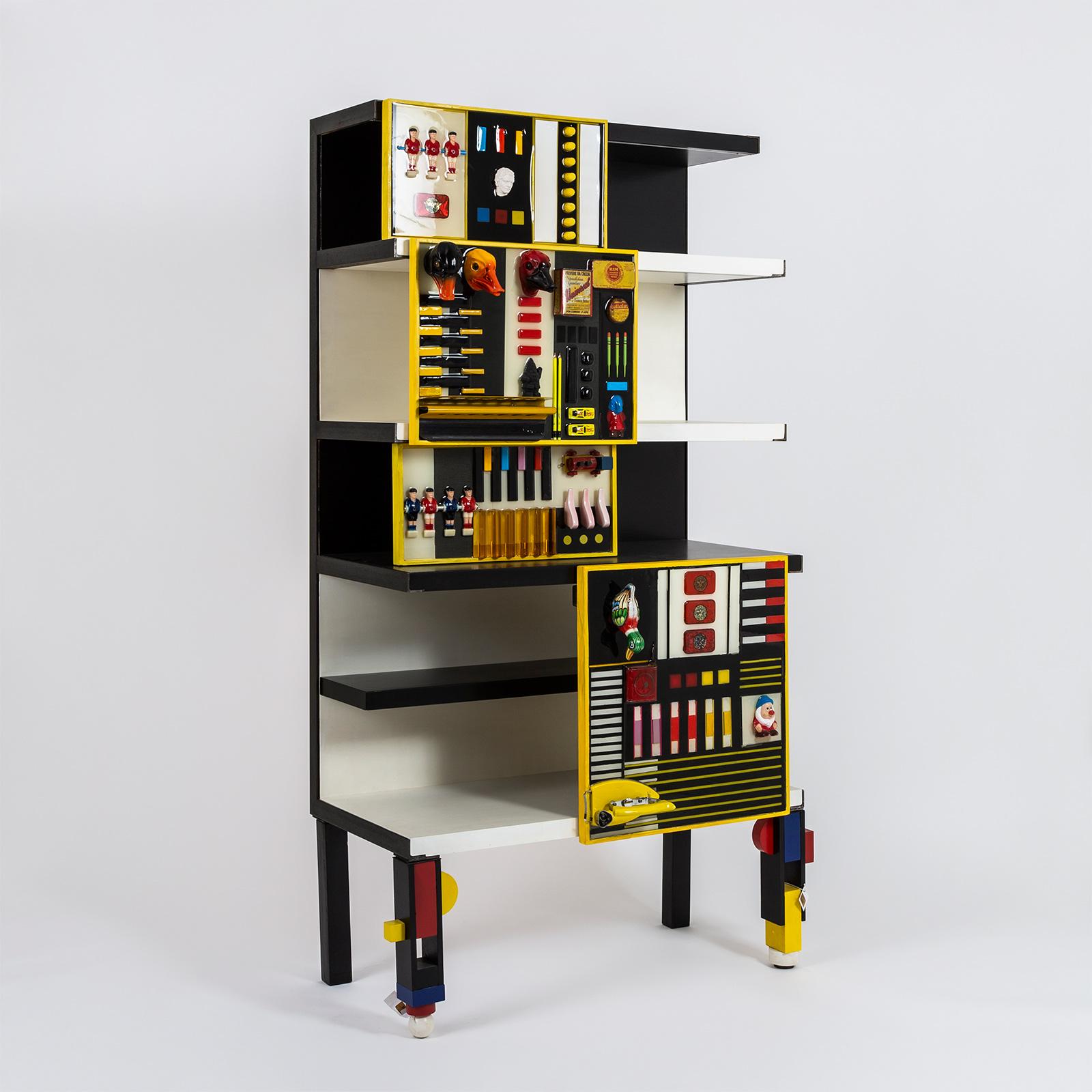 Contemporary “Contaminazioni Geometriche” Library in Black and Yellow Wood by Emanuela Crotti For Sale