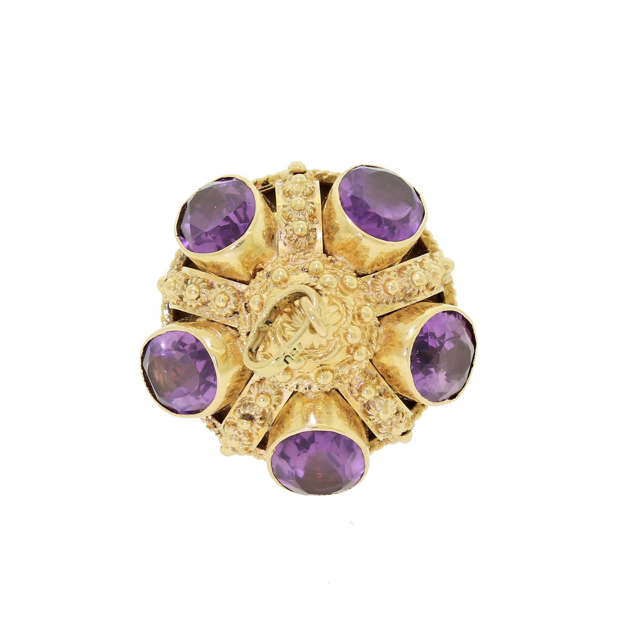 Etruscan Revival Contanessi Alessandro 18K Gold Etruscan Style Amethyst Fob Charm Pendant 24.8 Gr