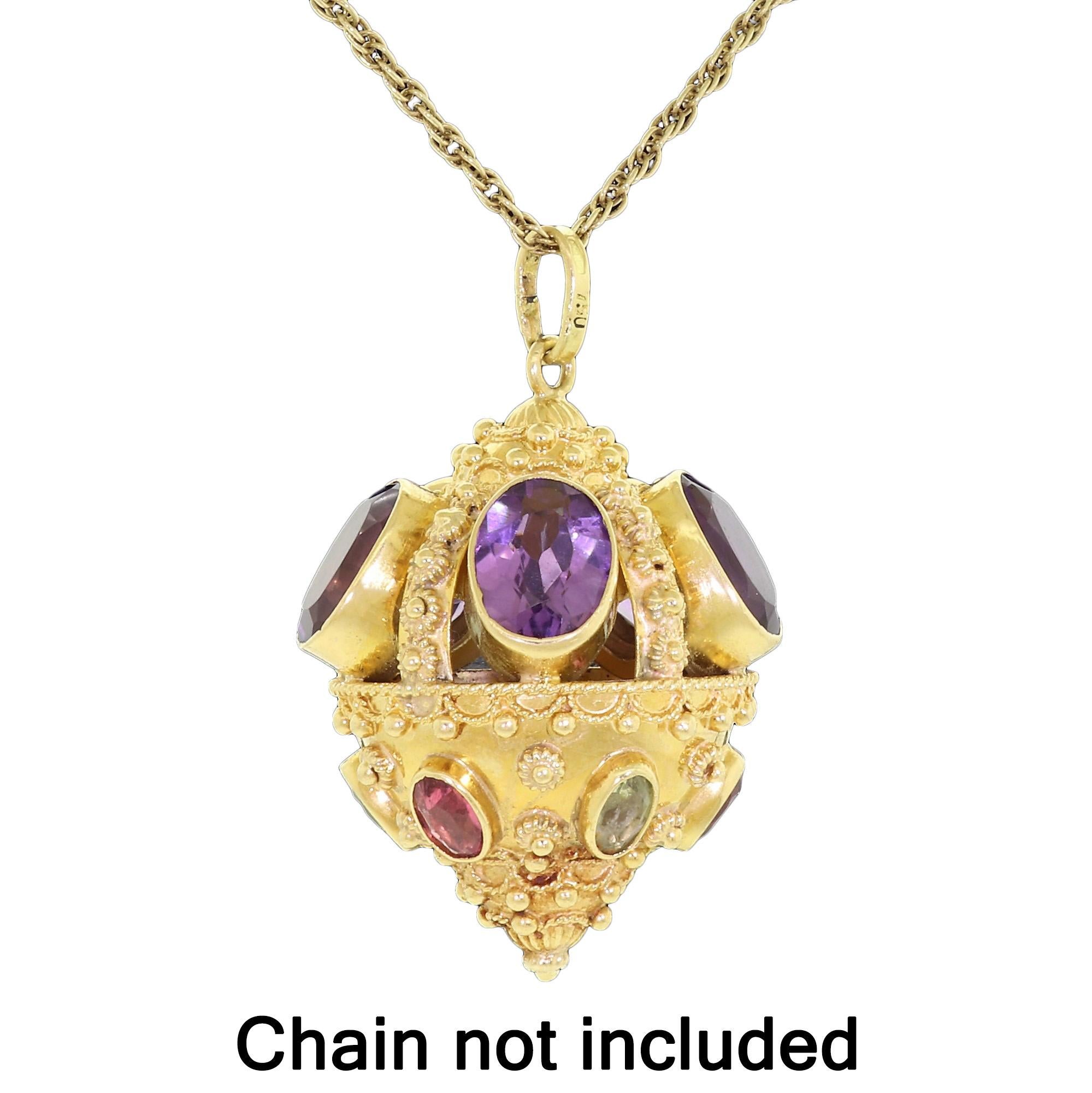 Contanessi Alessandro 18K Gold Etruscan Style Amethyst Fob Charm Pendant 24.8 Gr In Excellent Condition In Lauderdale by the Sea, FL