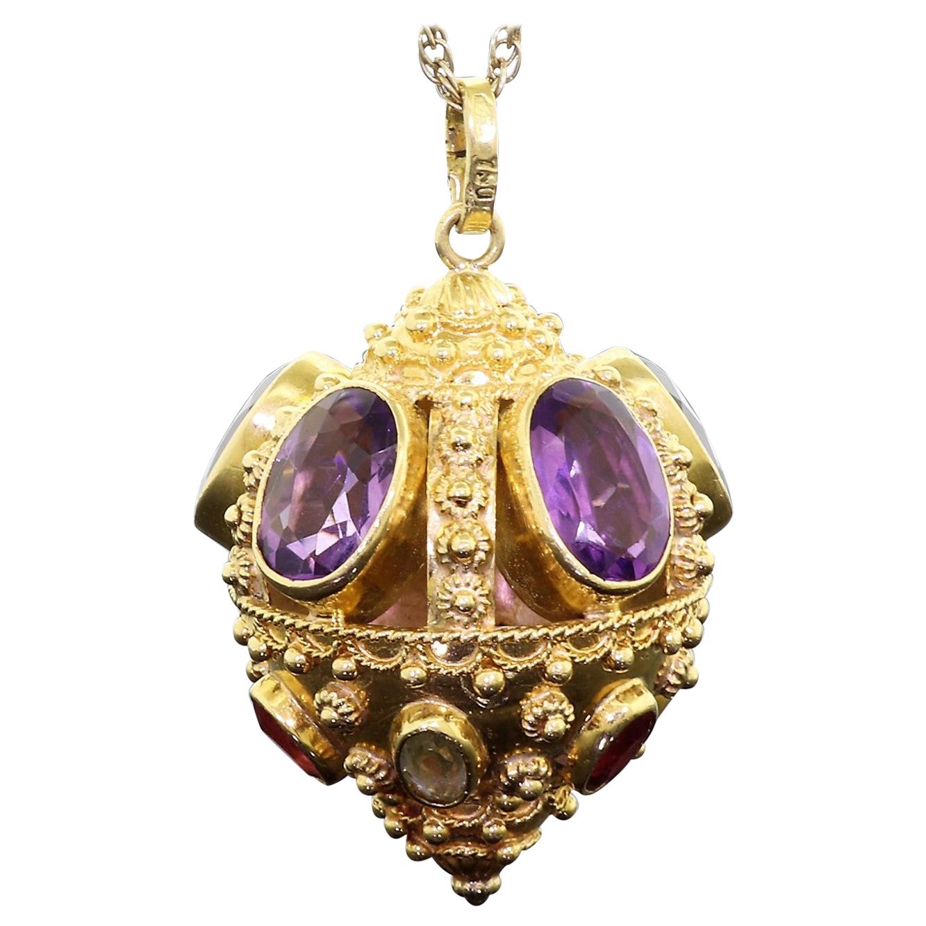 Contanessi Alessandro 18K Gold Etruscan Style Amethyst Fob Charm Pendant 24.8 Gr
