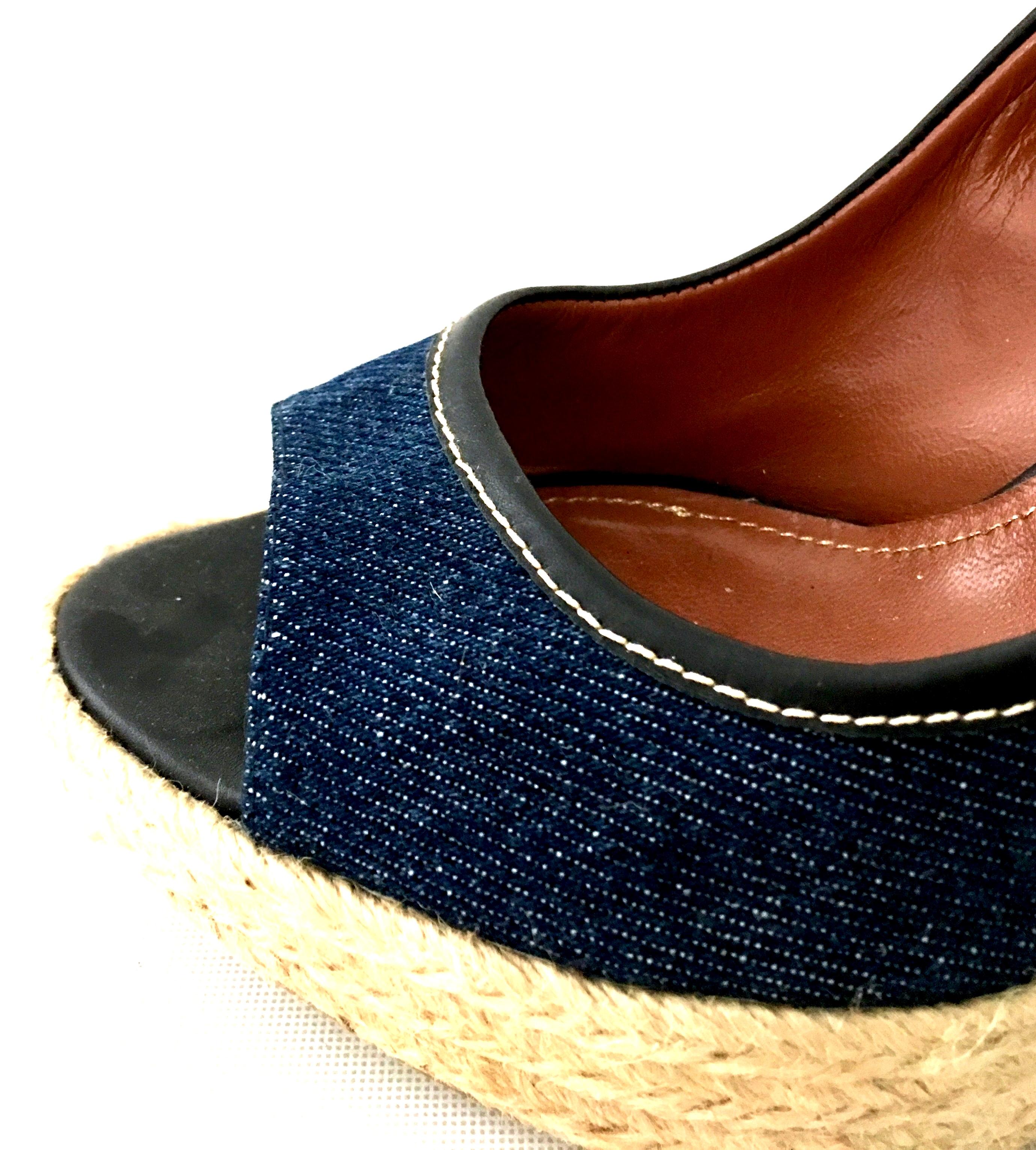 Contemorary Sergio Rossi Leather, Denim & Raffia Platform Wedge Shoes-39.5 For Sale 6