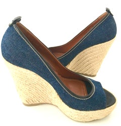 Contemorary Sergio Rossi Leather, Denim & Raffia Platform Wedge Shoes-39.5