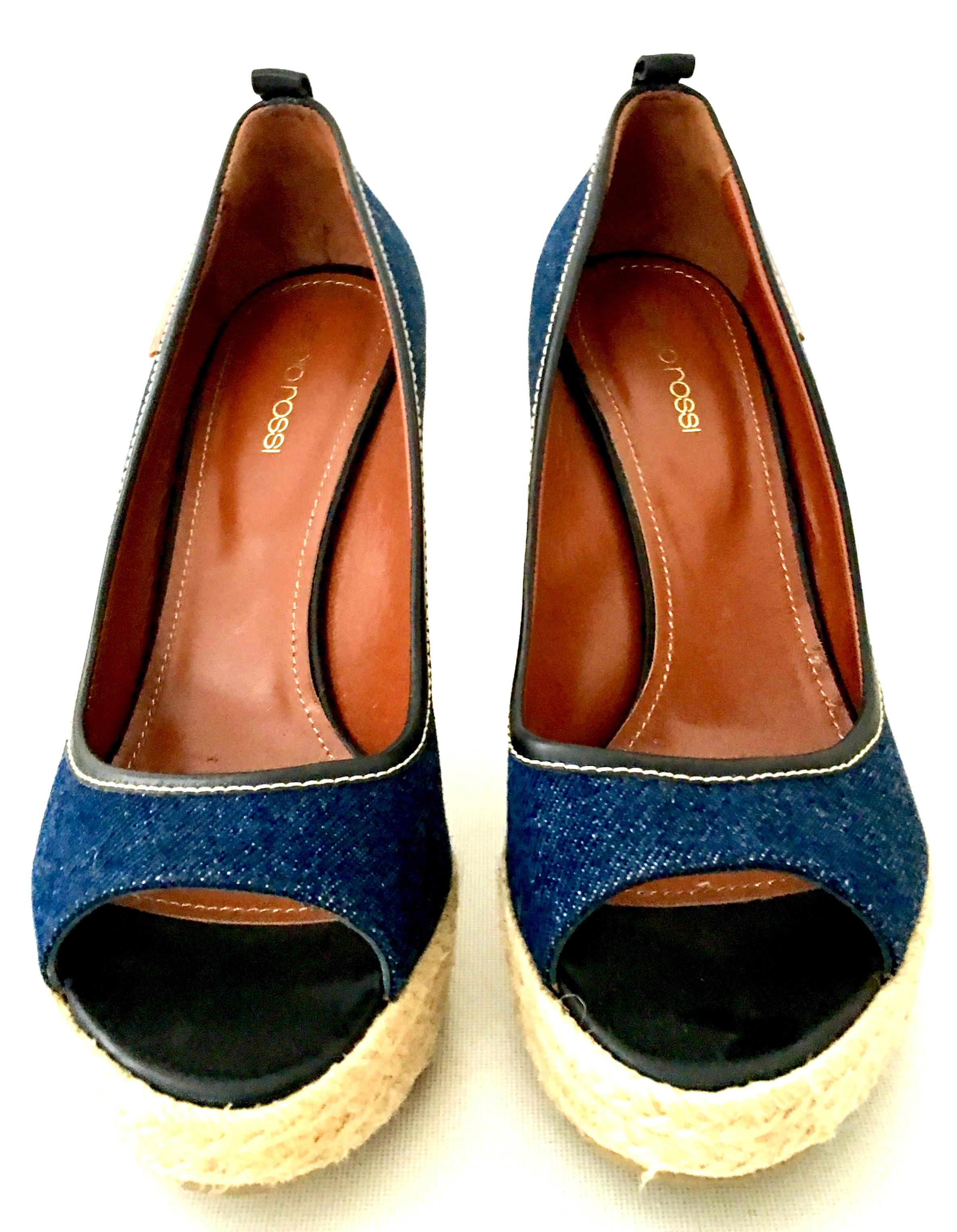 Contemorary Sergio Rossi Leather, Denim & Raffia Platform Wedge Shoes-39.5 In Good Condition For Sale In West Palm Beach, FL