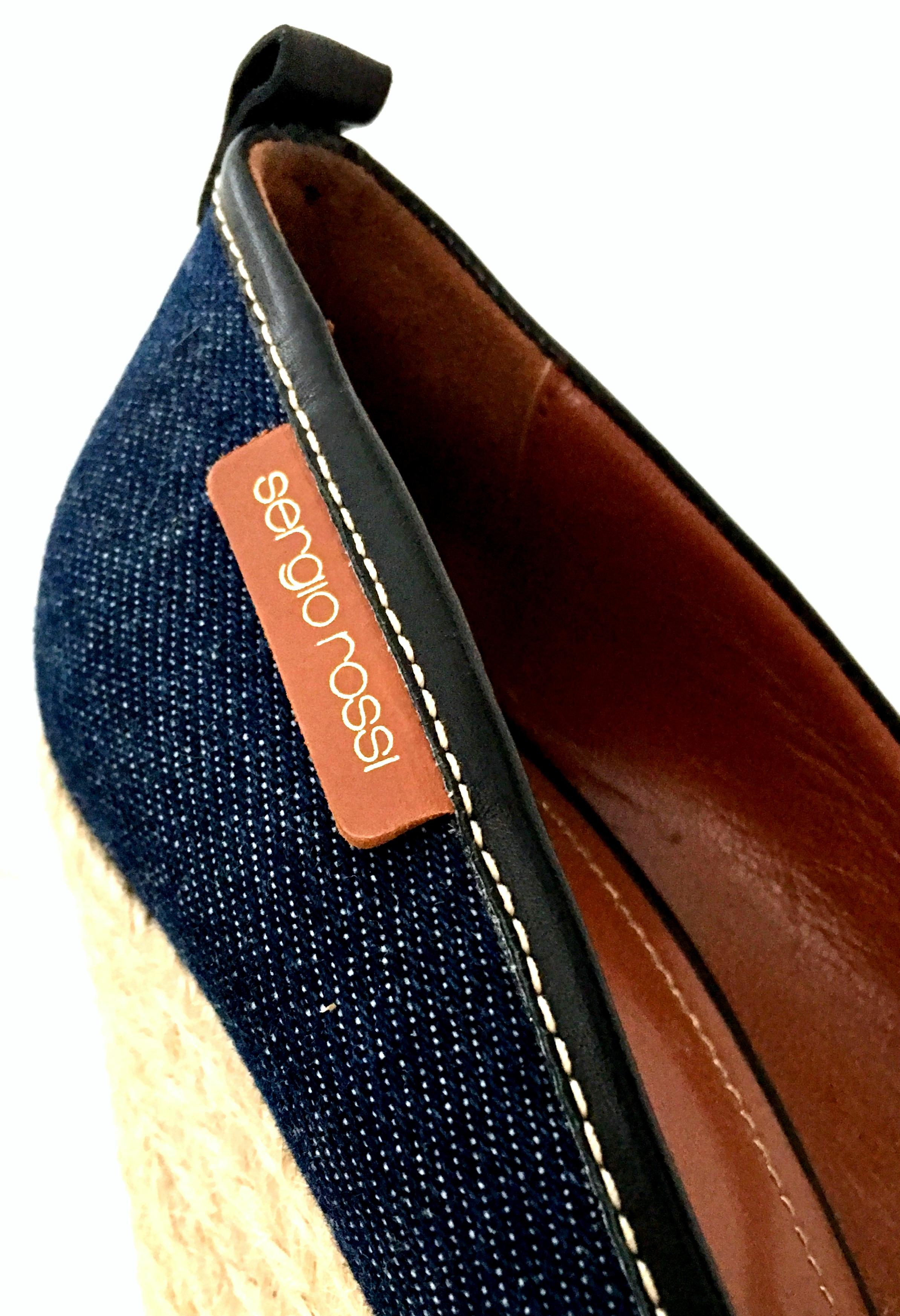Contemorary Sergio Rossi Leather, Denim & Raffia Platform Wedge Shoes-39.5 For Sale 3