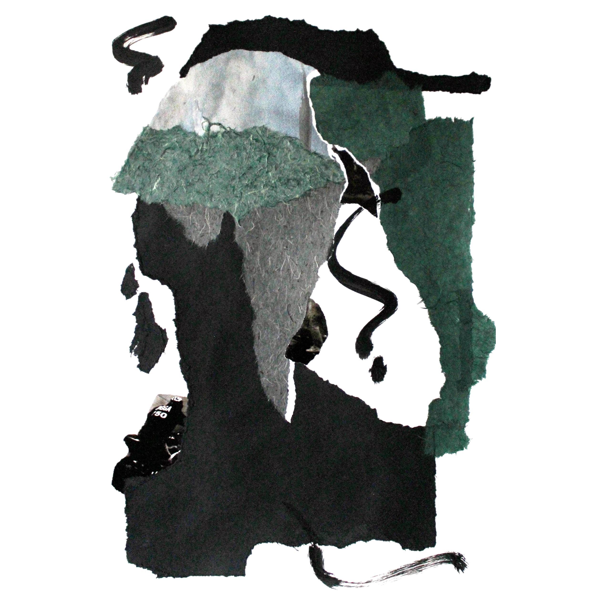 "Contemplation, " 2022 A Large Black, Gray & Green Abstract Collage By Diane Love