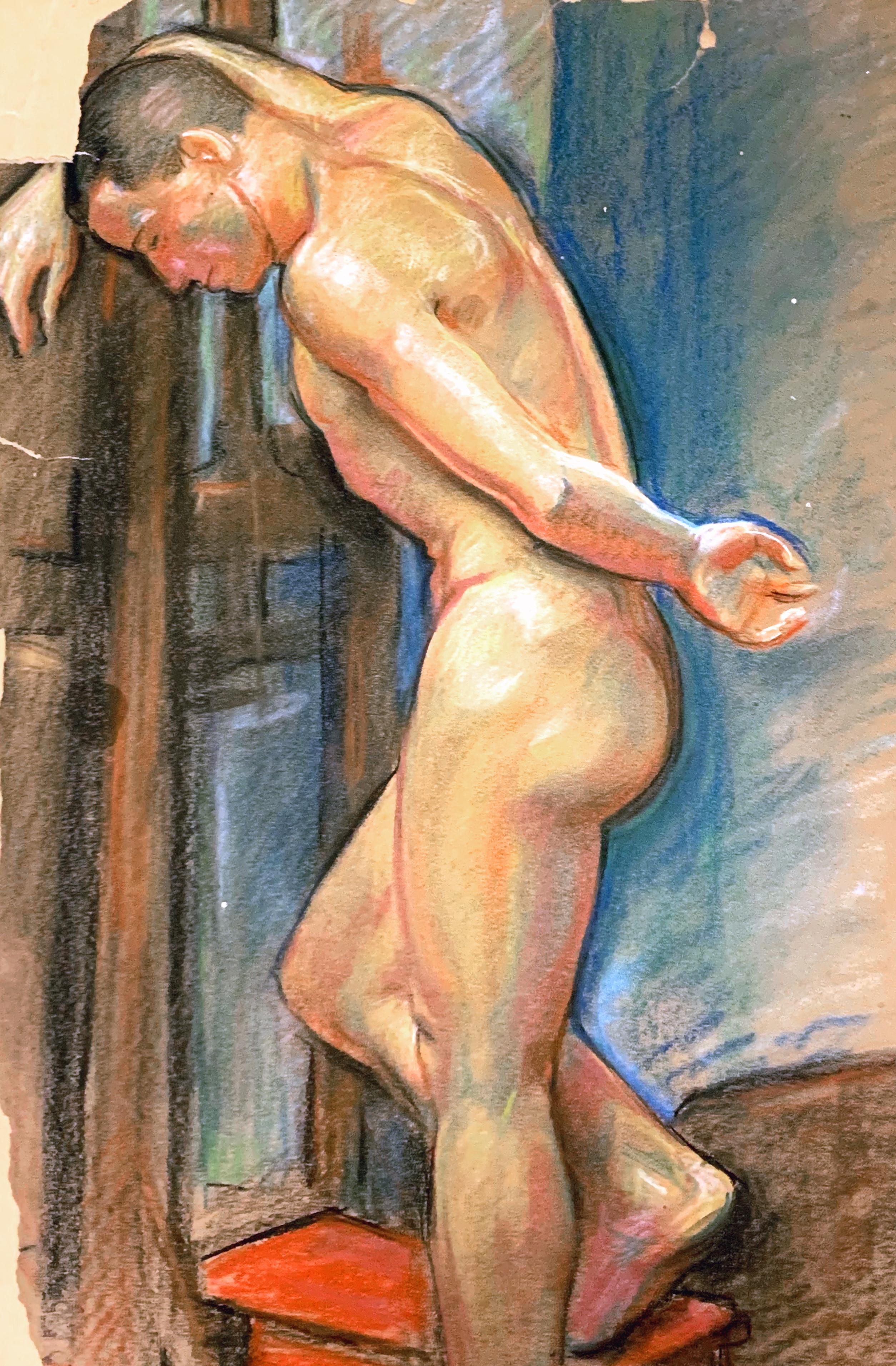 Art déco « Contemplation », dessin au pastel aux couleurs brillantes d'un nu masculin debout par Cox en vente