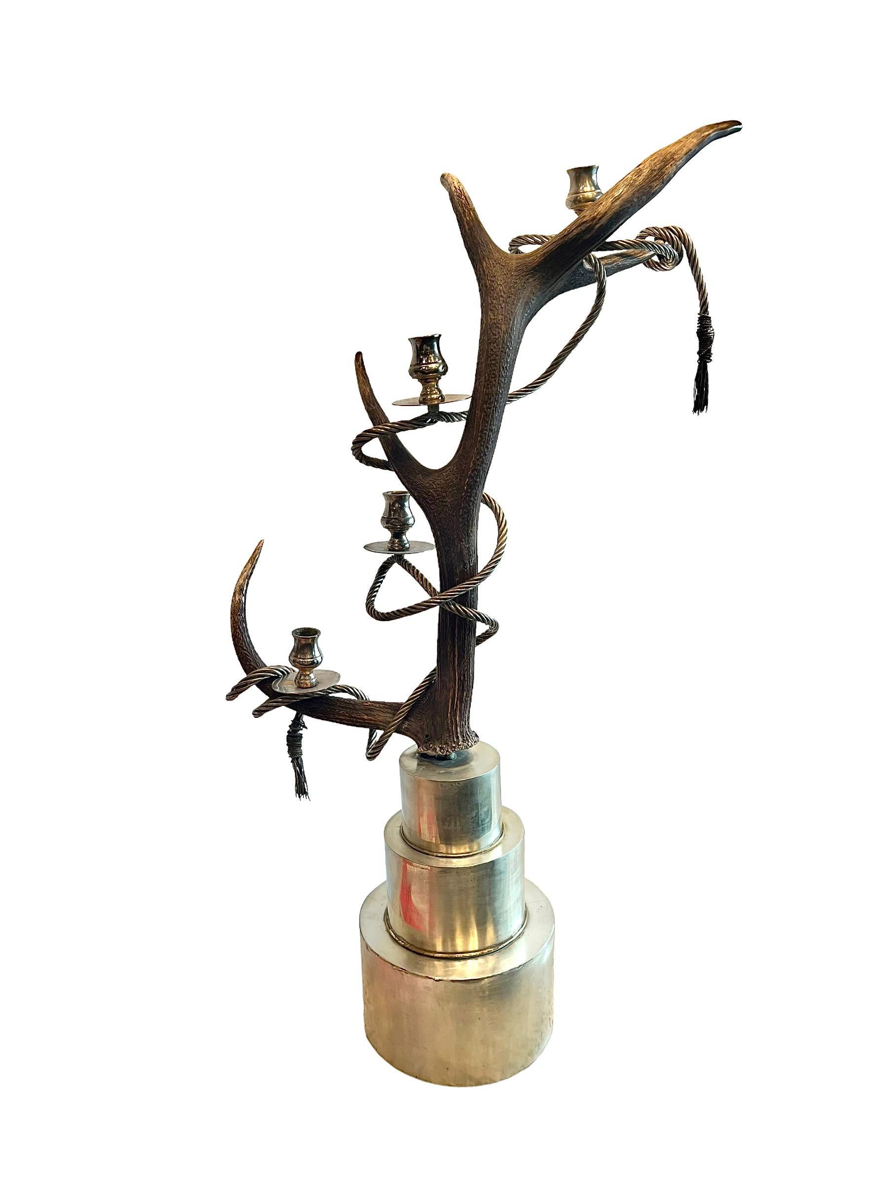 Contemporary Pair of Antler Candelabras by Anthony Redmile, Mid-Century Modern In Distressed Condition For Sale In North Miami, FL