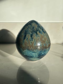 Contemporary Small Egg Shaped Blue & Green Ceramic Glazed Ornament by FD21 Clay
