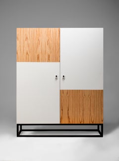 Modern Wood Bar Cabinet in White Lacquer and Oak
