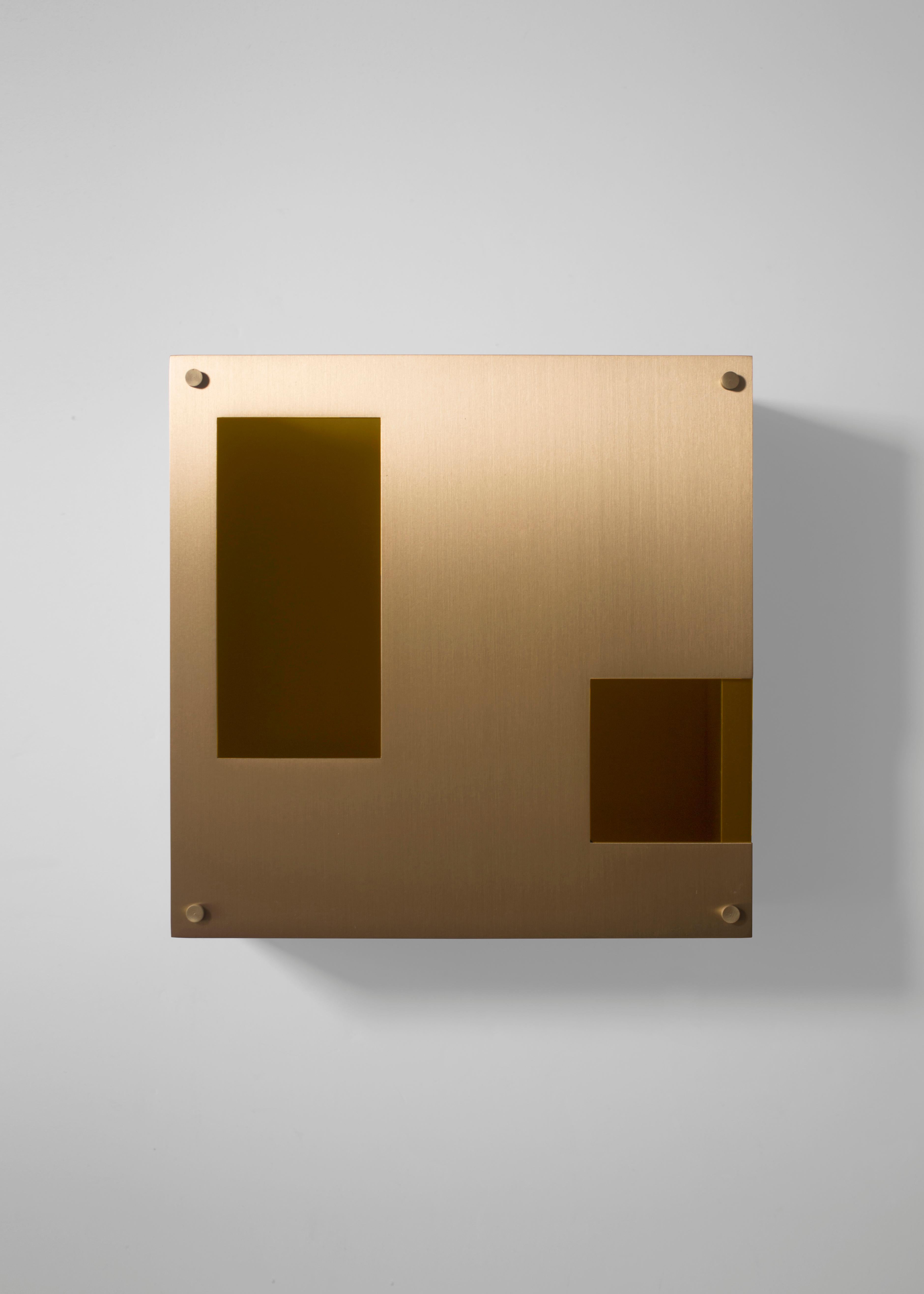 Orphan Work 001 Sconce, 2018
Shown in brushed brass
Available in brushed brass, brushed nickel and blackened brass
Monochrome or two-toned
Measures: 9”H x 9”W x 3 3/8”D
Wall or ceiling mount. 
Plug-in by request
UL approved
Holds (1) 60W candelabra