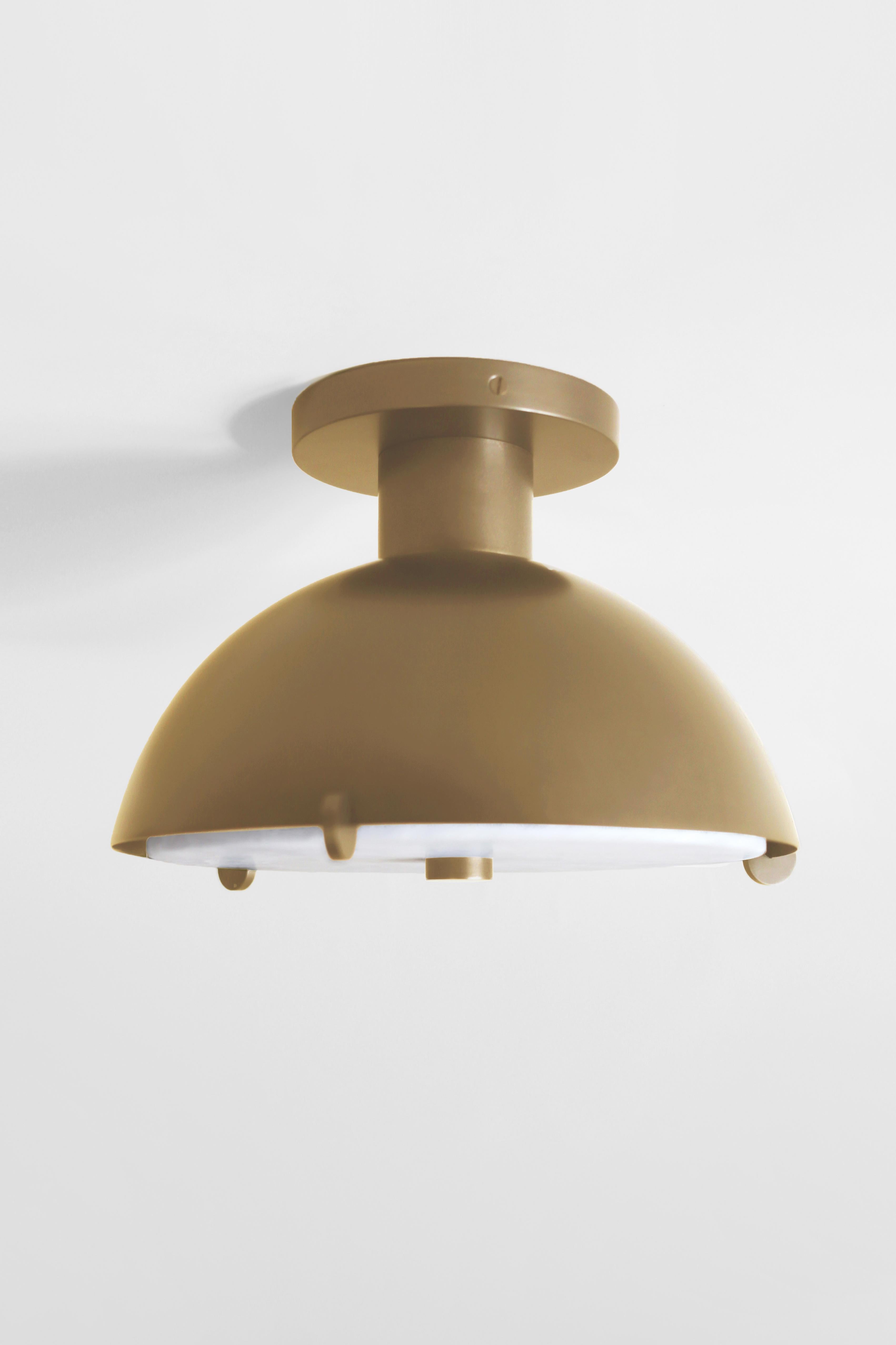 Orphan Work 001 Semi-Flush
Shown in brushed brass and alabaster
Available in brushed brass, brushed nickel or blackened brass
Measures: 7 1/2” height X 13” diameter
UL approved
Holds (1) 40W candelabra blub
must use LED bulb

Orphan Work is designed