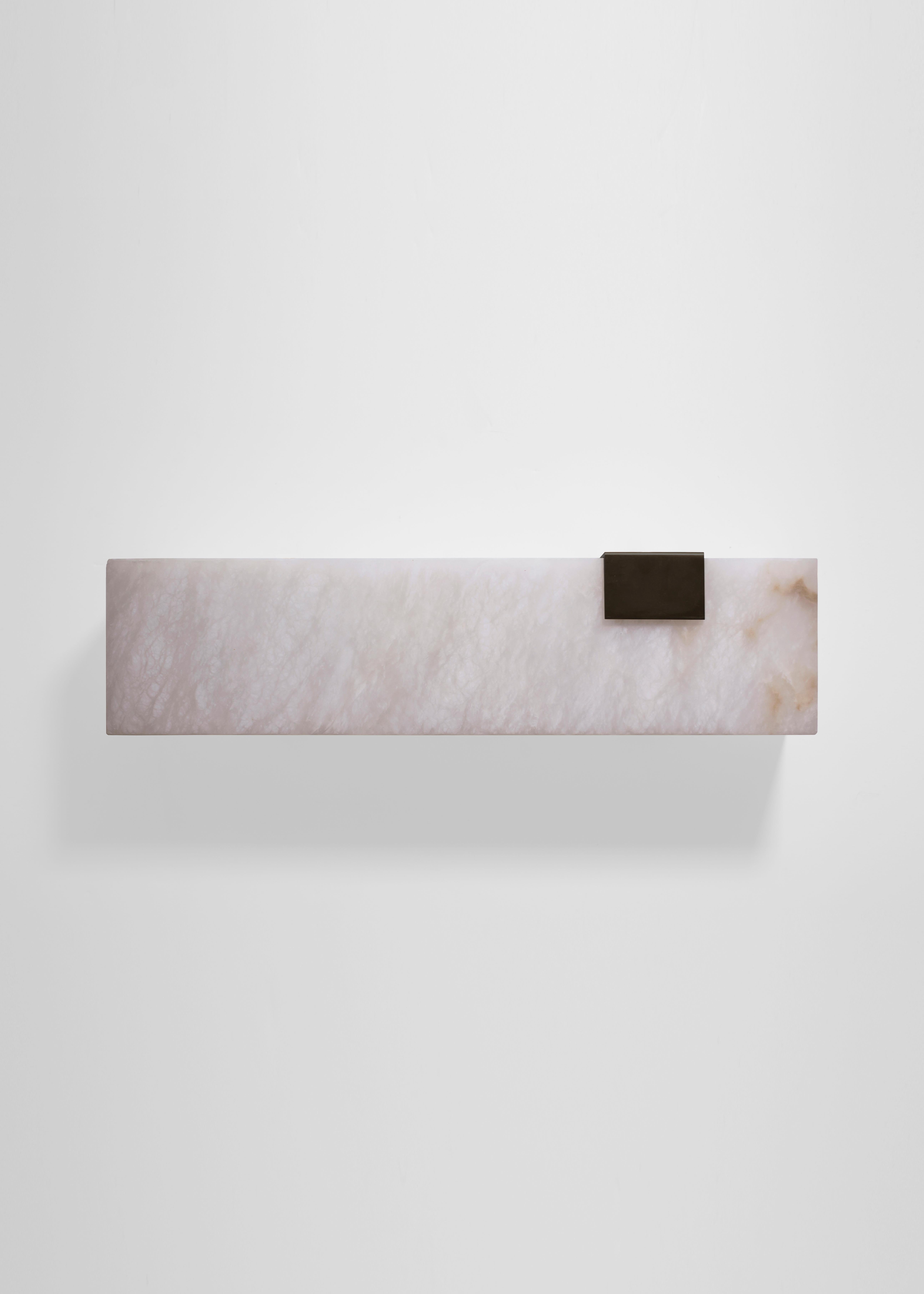 Orphan Work 003-1C Sconce, 2018
Shown in blackened brass and alabaster 
Available in brushed brass, brushed nickel and blackened brass
Measures: 5 1/4”H x 19”W x 3 7/8”D
Wall or ceiling mount
Vertical or horizontal
Plug-in by request
1-4 adjustable