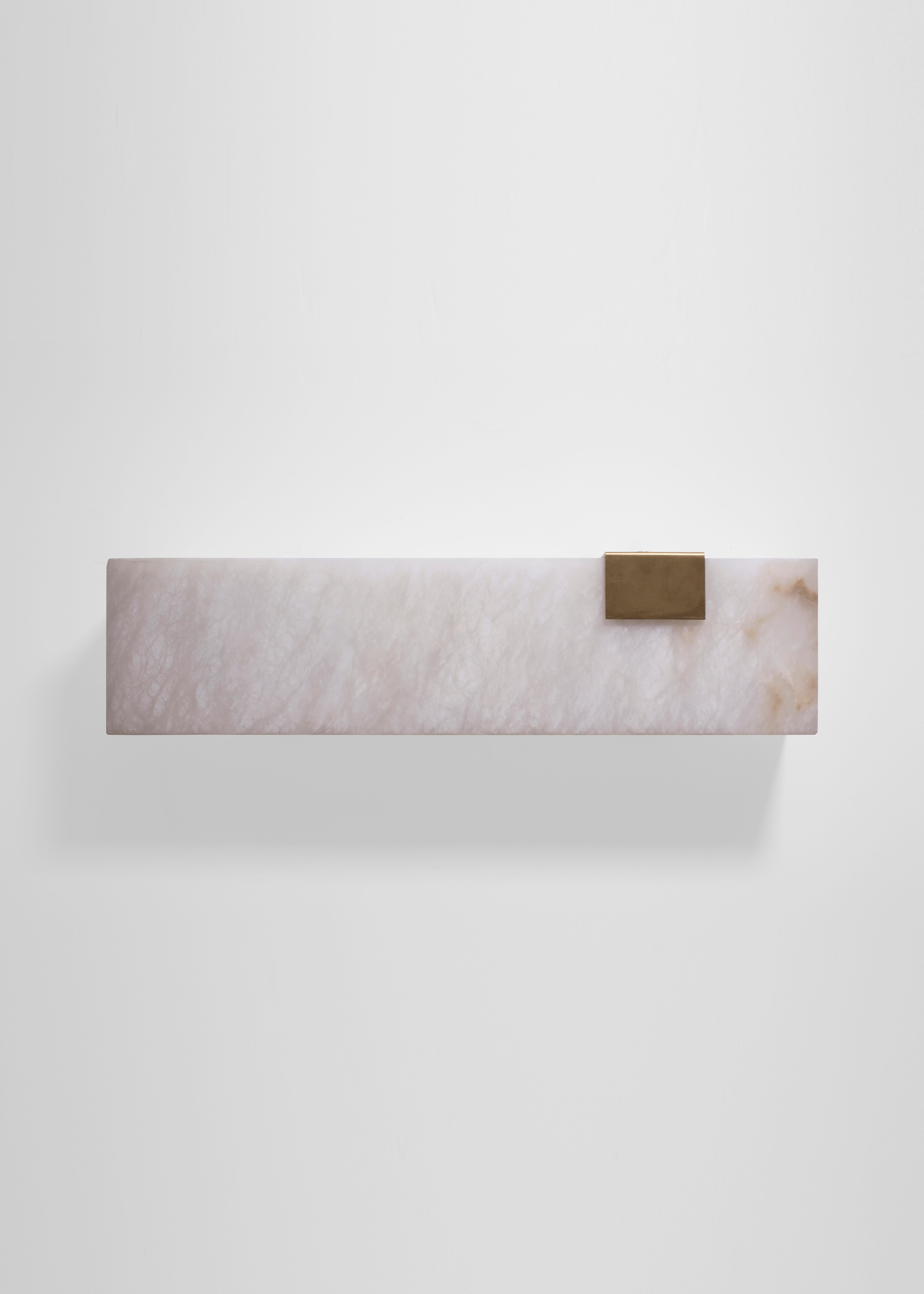 Orphan Work 003-1C Sconce, 2018
Shown in brushed brass and alabaster 
Available in brushed brass, brushed nickel and blackened brass
Measures: 5 1/4”H x 19”W x 3 7/8”D
Wall or ceiling mount
Vertical or horizontal
Plug-in by request
1-4 adjustable