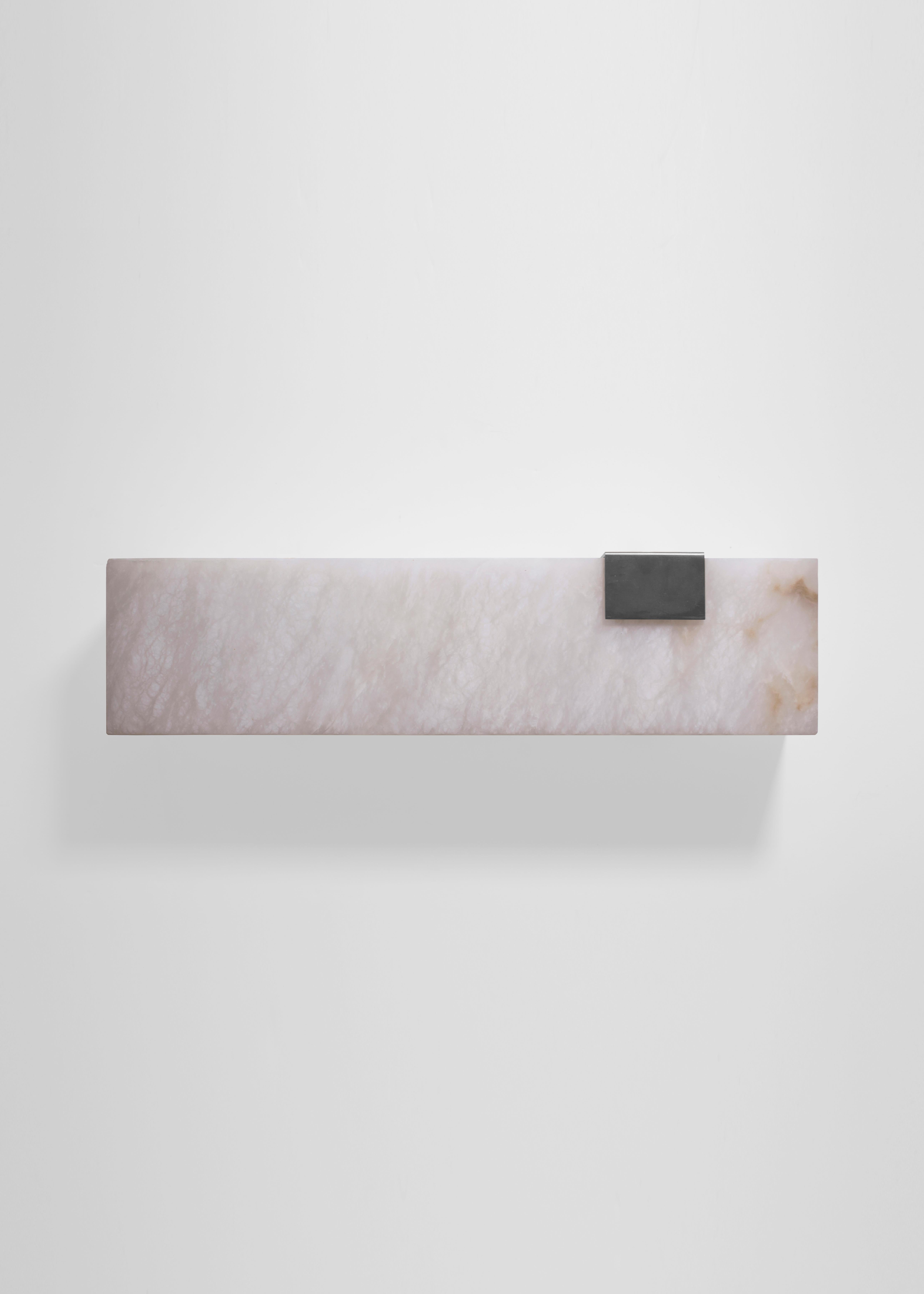 Orphan work 003-1C Sconce, 2018
Shown in brushed nickel and alabaster 
Available in brushed brass, brushed nickel and blackened brass
Measures: 5 1/4”H x 19”W x 3 7/8”D
Wall or ceiling mount
Vertical or horizontal
Plug-in by request
1-4 adjustable
