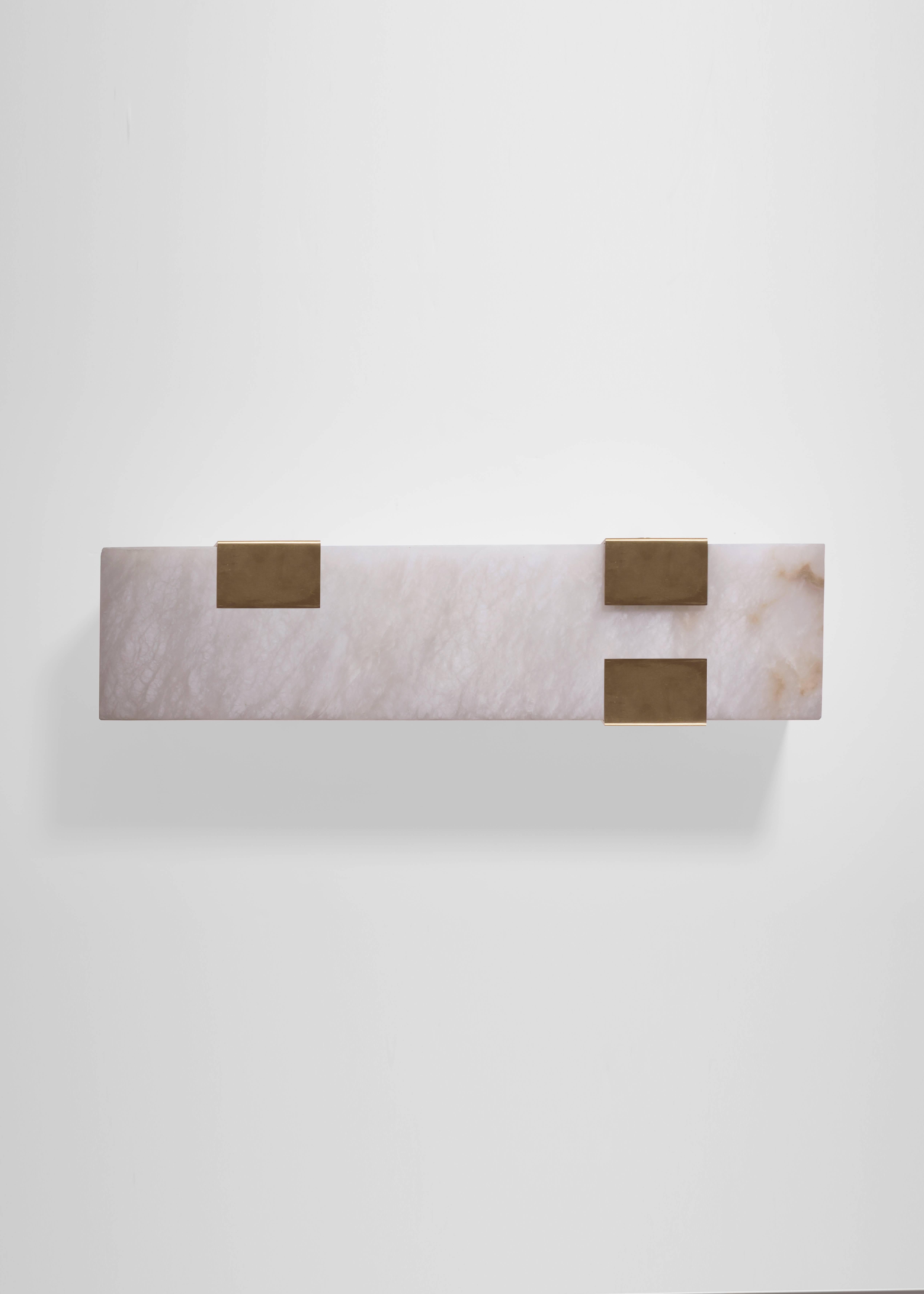 Orphan Work 003-3C Sconce, 2018
Shown in brushed brass and alabaster 
Available in brushed brass, brushed nickel and blackened brass
Measures: 5 3/8”H x 19”W x 3 7/8”D
Wall or ceiling mount
Vertical or horizontal
Plug-in by request
1-4 adjustable