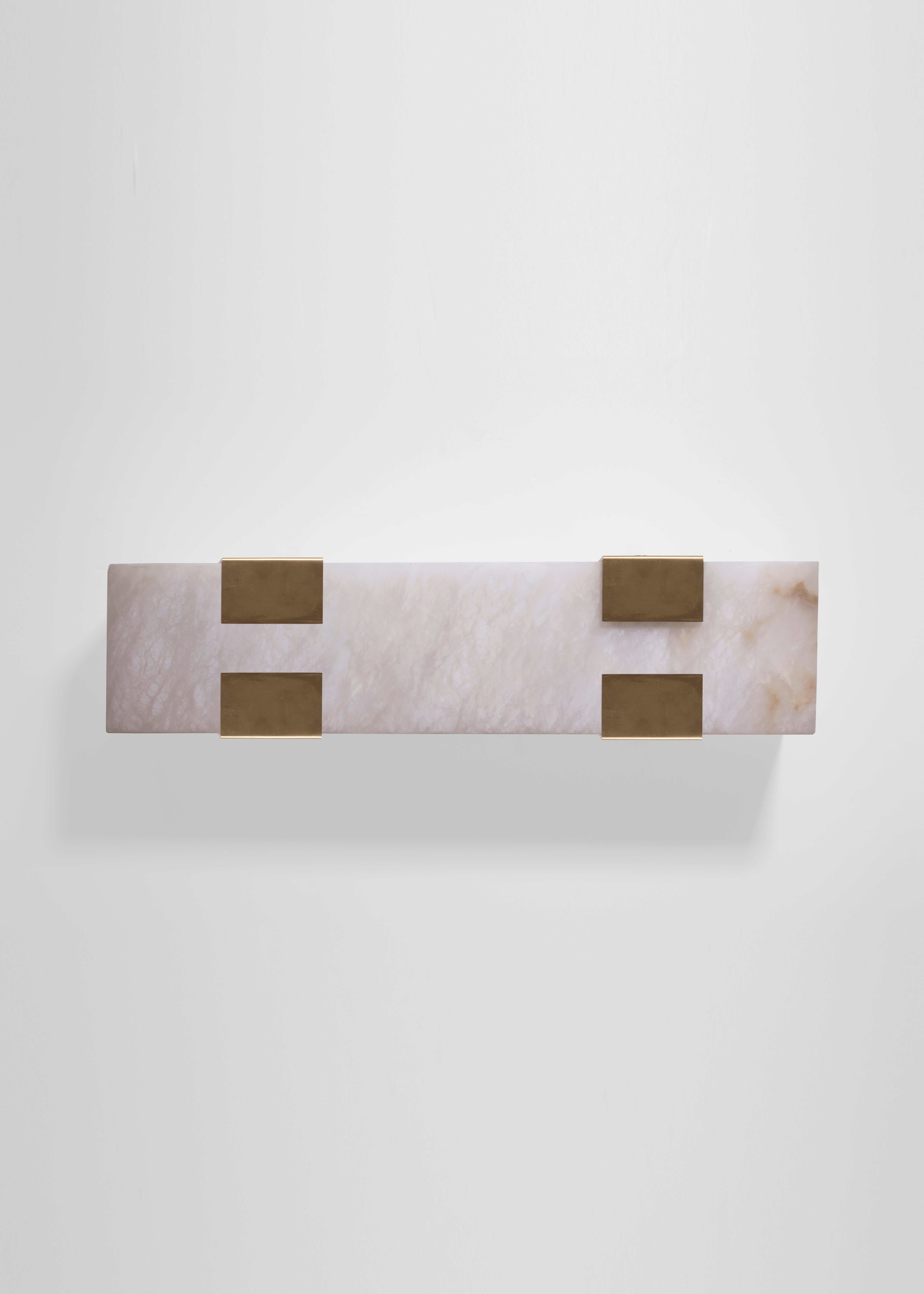 Orphan Work 003-4C Sconce, 2018
Shown in brushed brass and alabaster 
Available in brushed brass, brushed nickel and blackened brass. 
Measures: 5 3/8”H x 19”W x 3 7/8”D
Wall or ceiling mount
Vertical or horizontal
Plug-in by request
1-4 adjustable