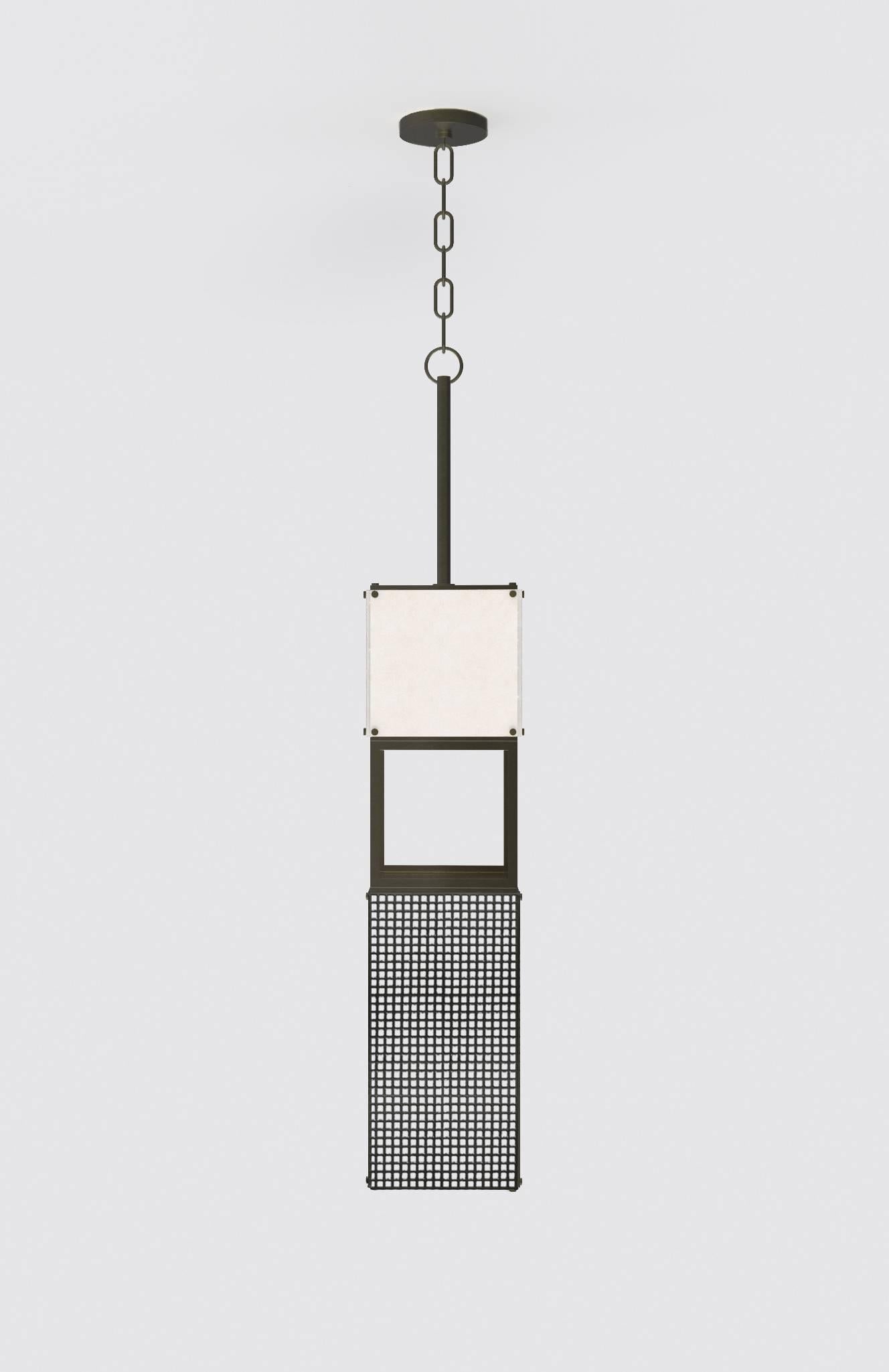 Italian Contemporary 003 Pendant in Blackened Brass and Alabaster by Orphan Work, 2018 For Sale