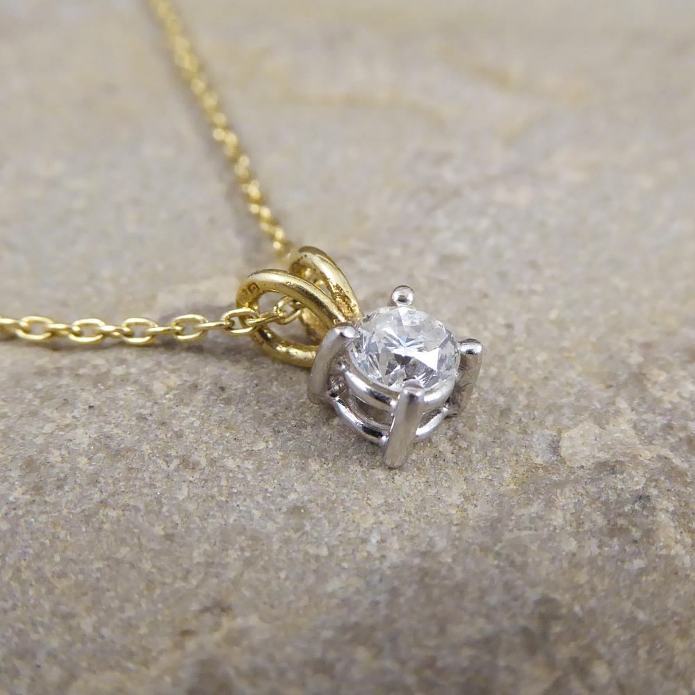 Such a gorgeous Diamond stud necklace, with one single stone weighing 0.25ct. This clear and bright diamond sits in a four claw setting with bunny ear loops onto a 9ct Yellow Gold chain. A simple and quality piece that will add sparkle to any