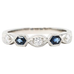 Bague à anneau géométrique contemporaine en platine avec saphir 0,35 carat et diamants