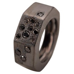 Unisex Contemporary 0.45c Black Diamonds Burnished Sterling Silver Design Ring