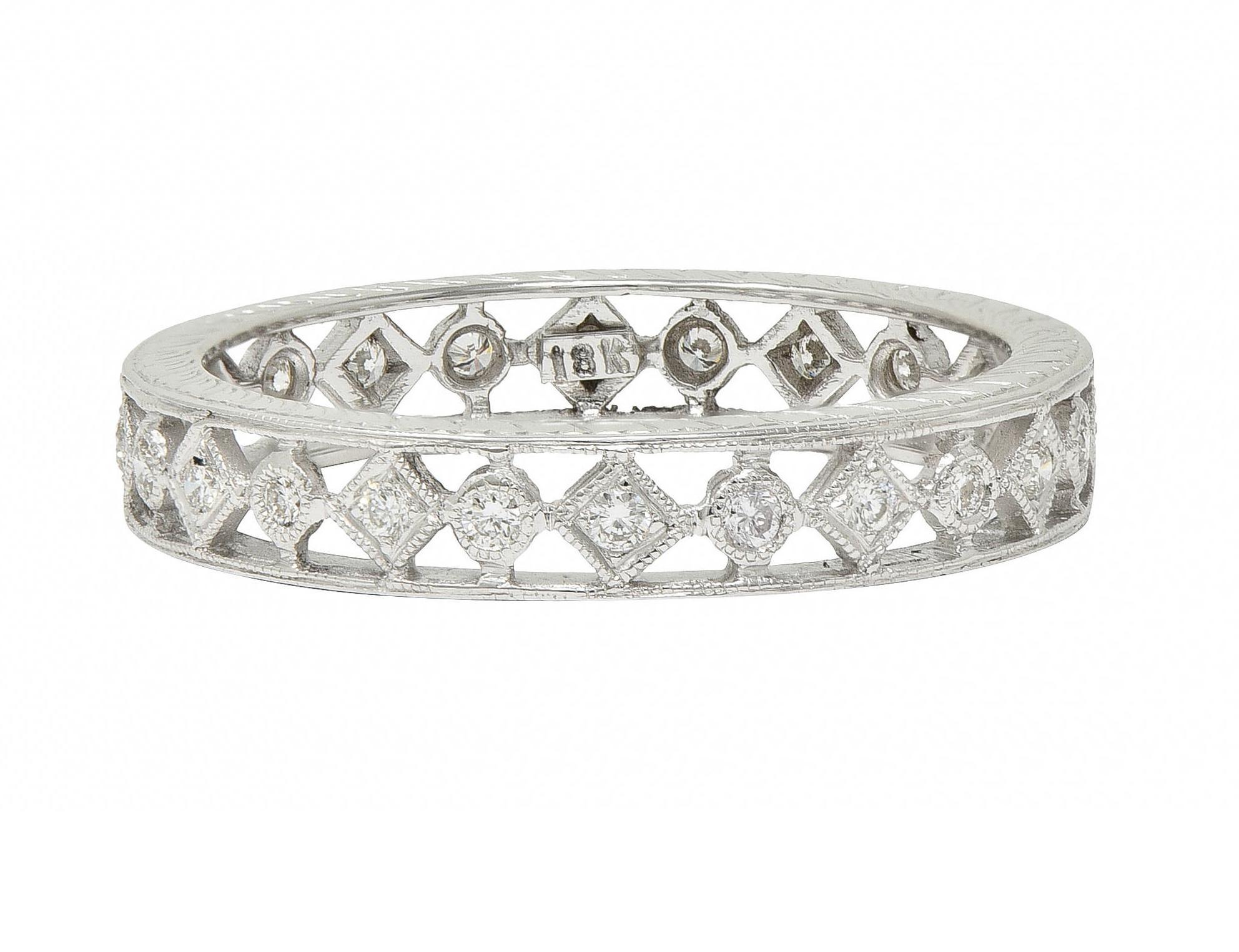 Round Cut Contemporary 0.48 CTW Diamond 18 Karat White Gold Geometric Wedding Band Ring For Sale
