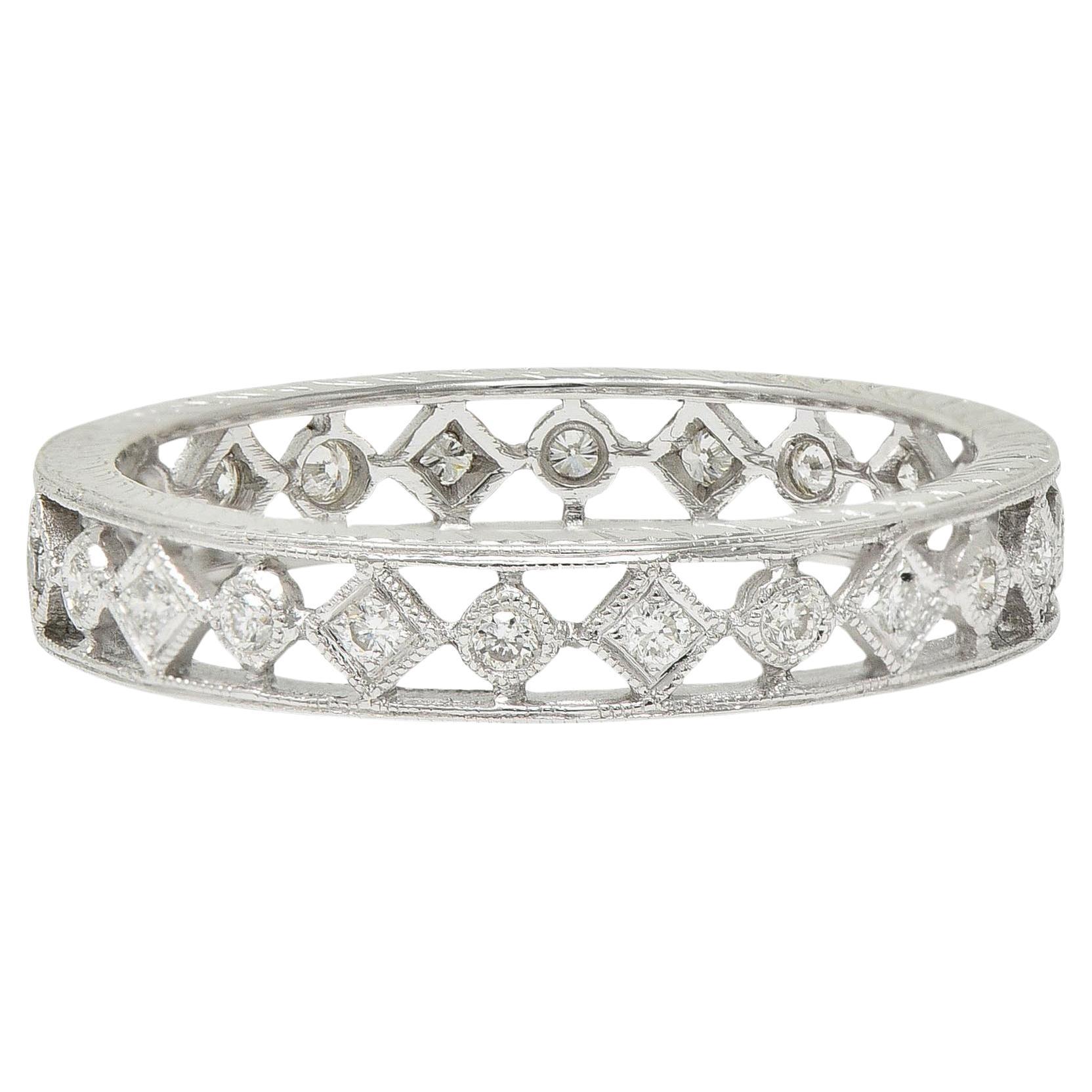 Contemporary 0.48 CTW Diamond 18 Karat White Gold Geometric Wedding Band Ring For Sale