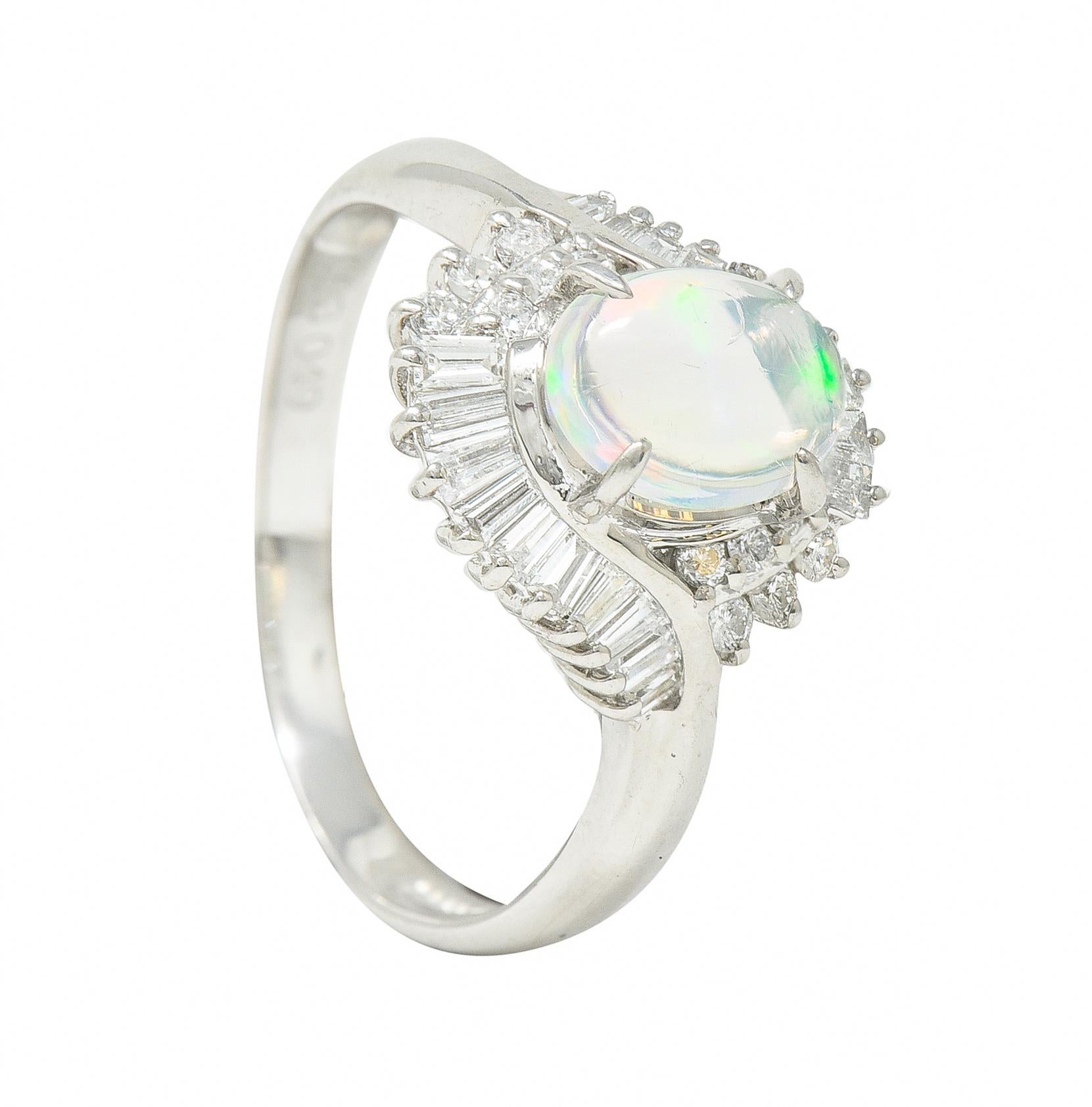Contemporary 0.49 Carat Diamond Jelly Opal Platinum Swirl Bypass Cluster Ring For Sale 4