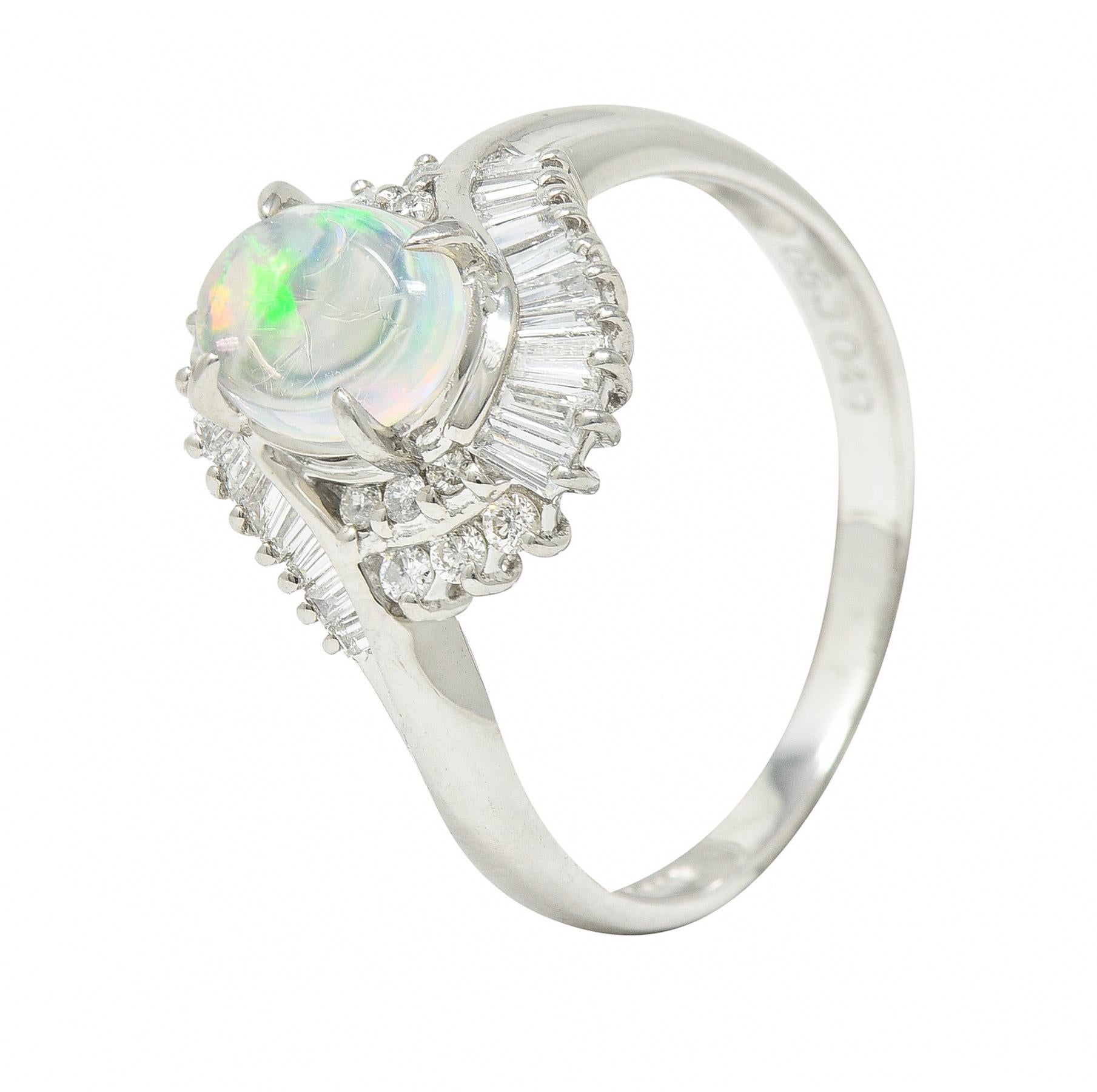Contemporary 0.49 Carat Diamond Jelly Opal Platinum Swirl Bypass Cluster Ring For Sale 2