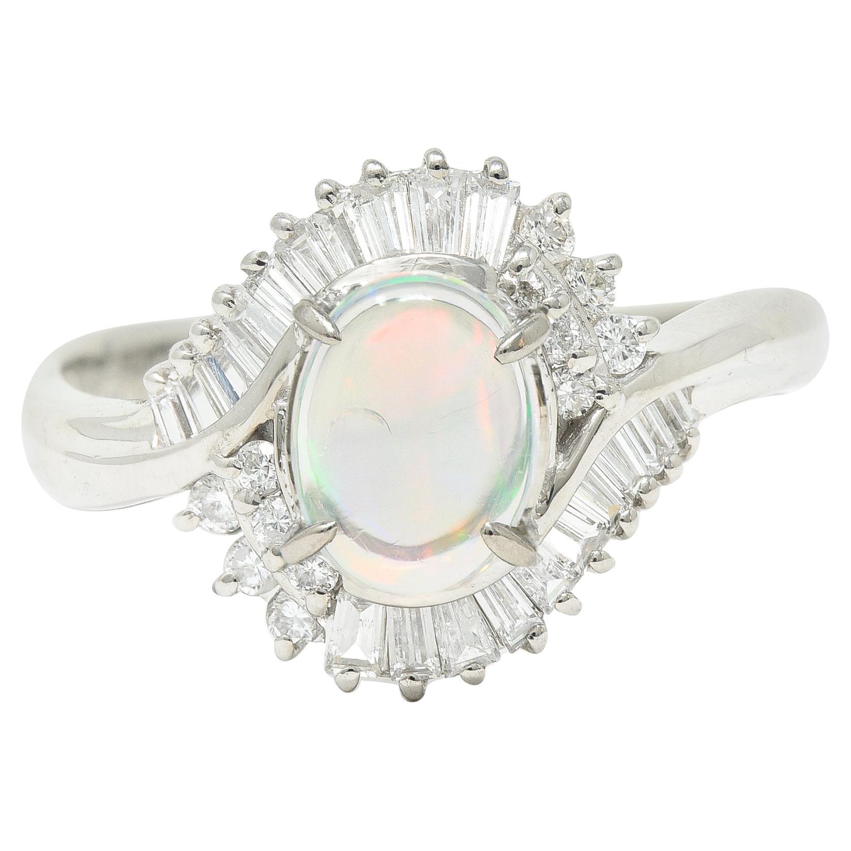 Contemporary 0.49 Carat Diamond Jelly Opal Platinum Swirl Bypass Cluster Ring For Sale