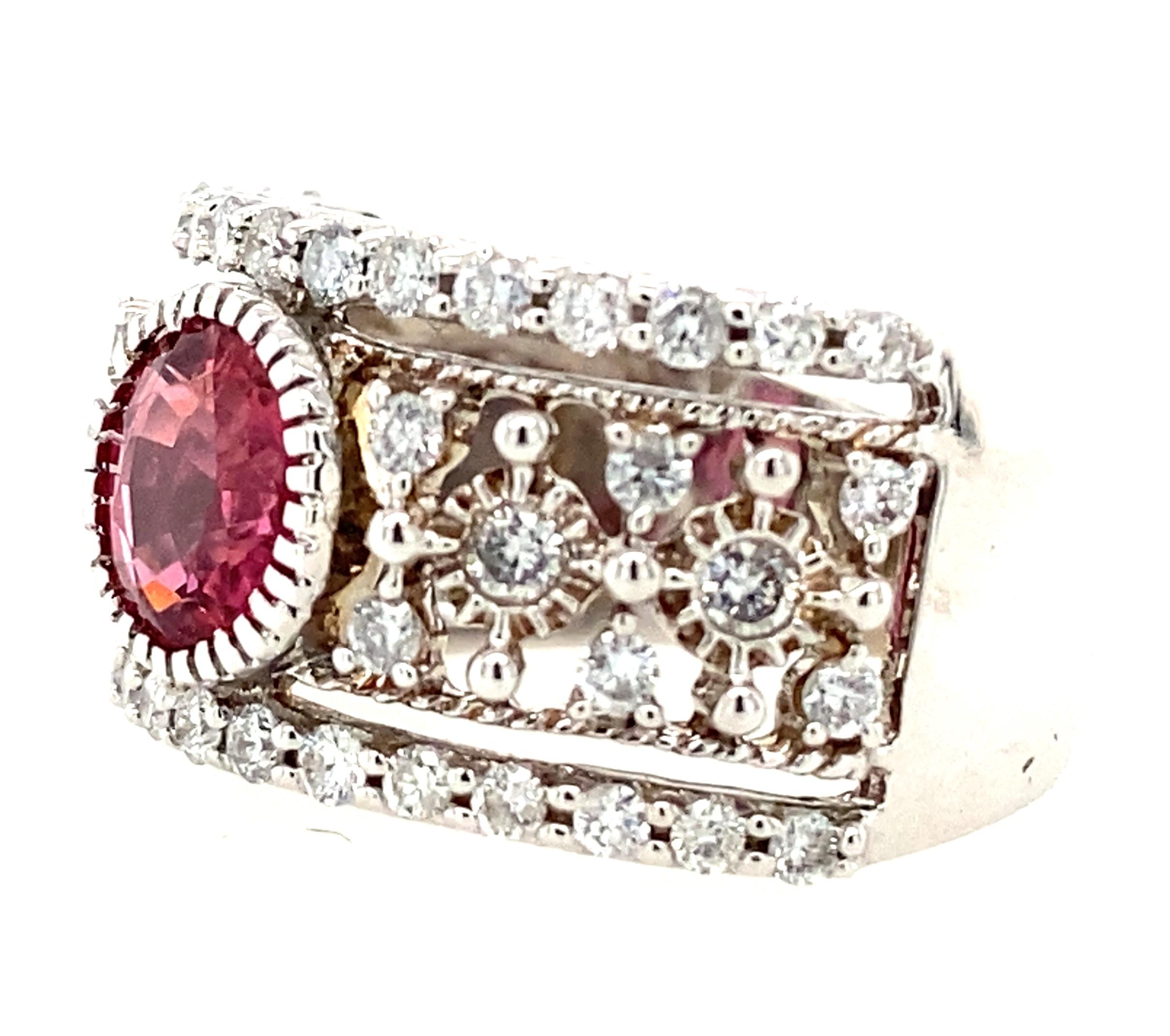 Round Cut Contemporary 0.49 Carat Pink Tourmaline and Diamond White Gold Fashion Ring For Sale