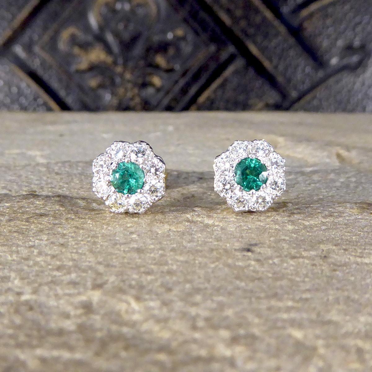 A perfectly round pair of Daisy cluster earrings with a bright and vibrant green centre. These earrings feature a 0.25ct Emerald in the core of each stud with a surround of 8 Round Brilliant Cut Diamond weight a total of 0.35ct in each ear. The
