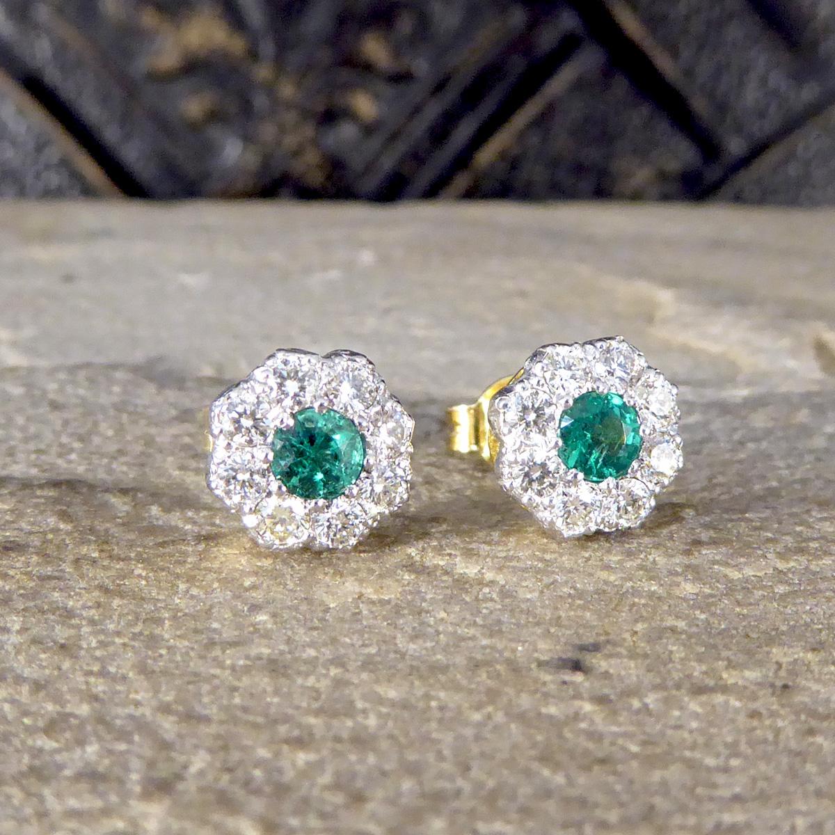 Edwardian Contemporary 0.50 Carat Emerald and Diamond Cluster Earrings in 18 Carat Gold For Sale