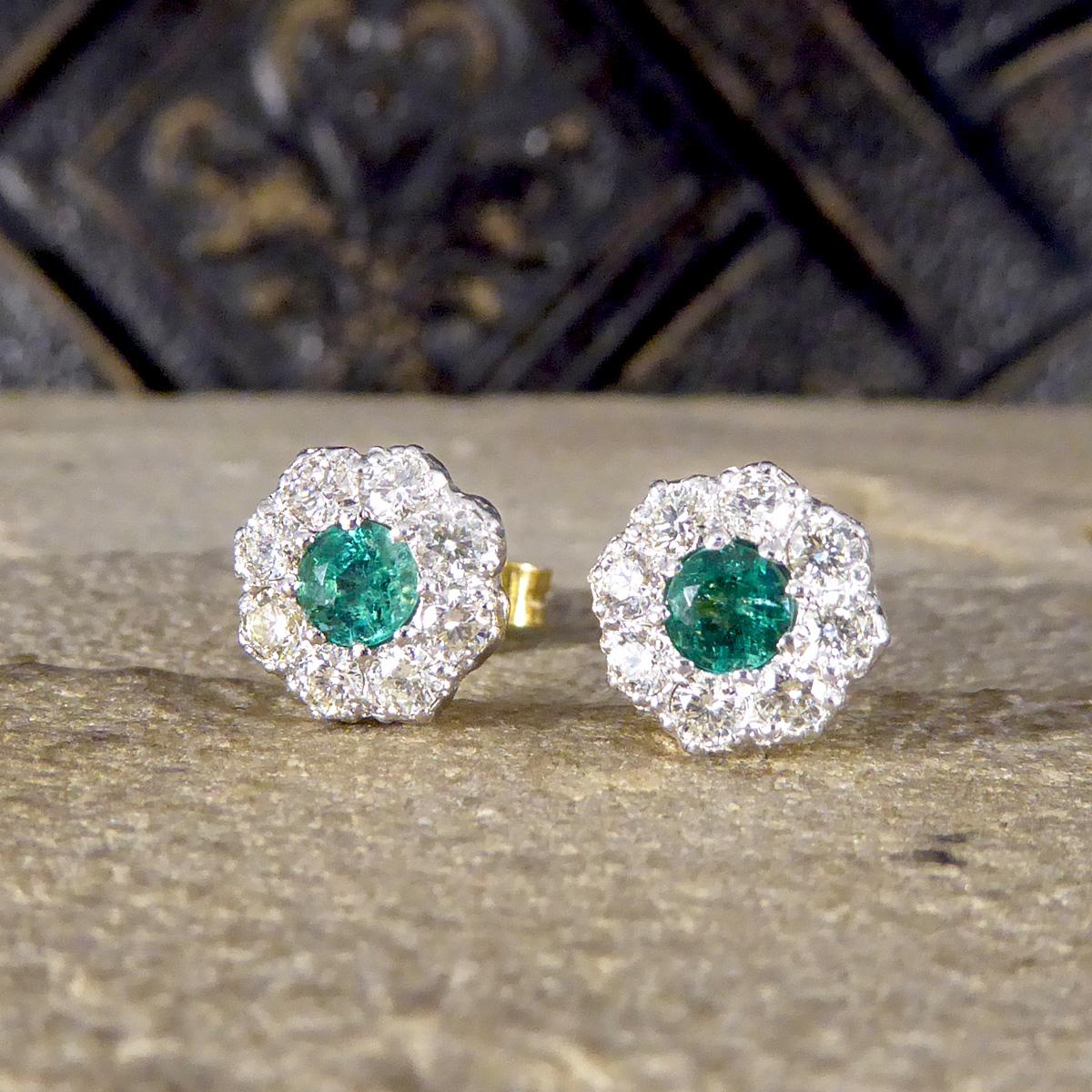 Women's Contemporary 0.50 Carat Emerald and Diamond Cluster Earrings in 18 Carat Gold For Sale