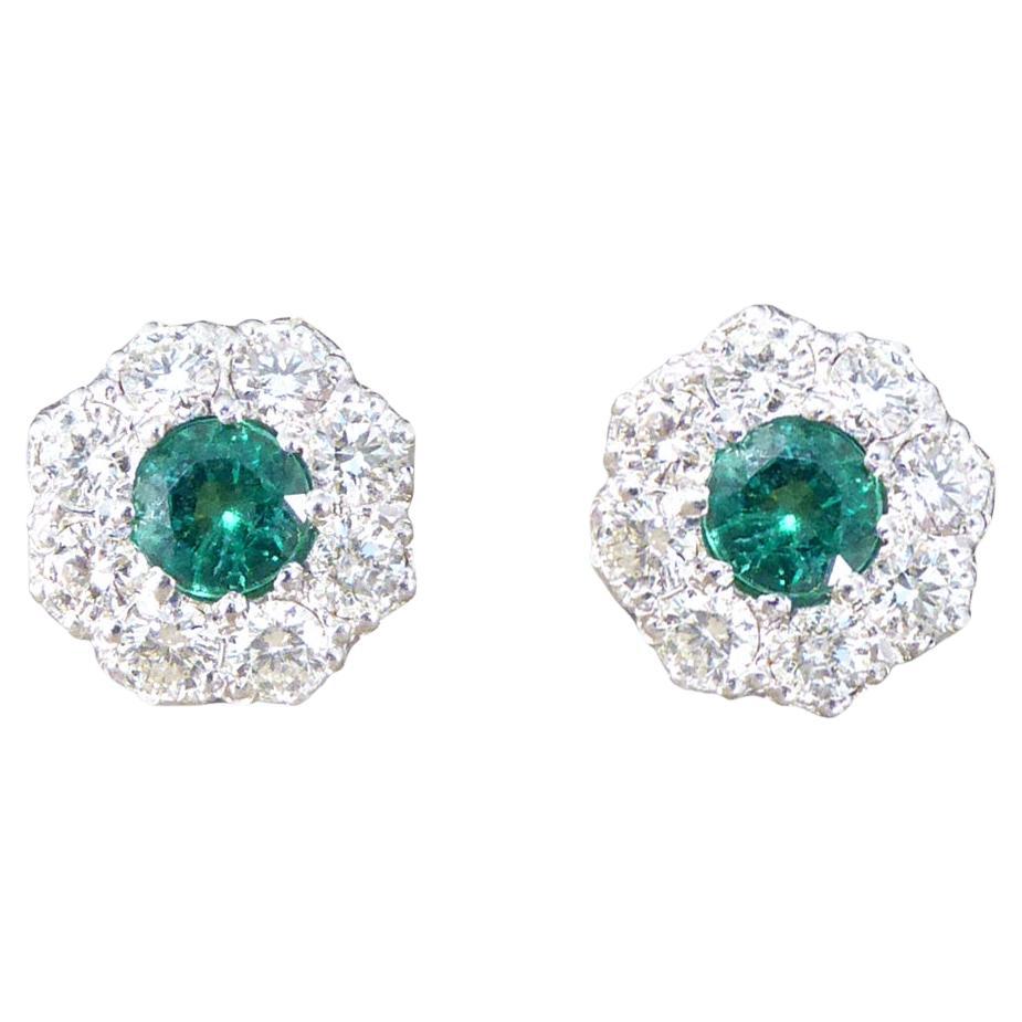 Contemporary 0.50 Carat Emerald and Diamond Cluster Earrings in 18 Carat Gold For Sale