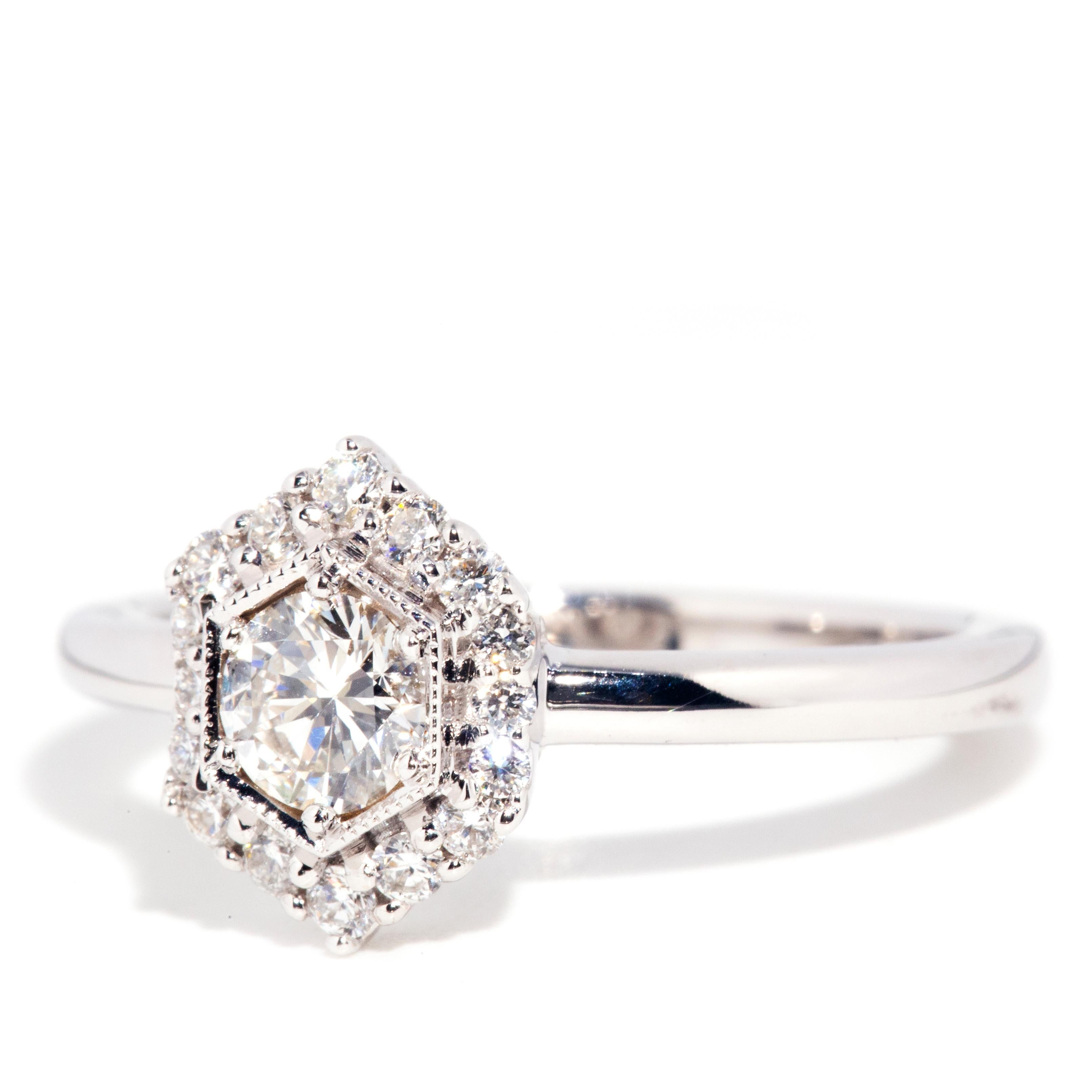 Contemporary 0.54 Carat Diamond 18 Carat White Gold Hexagonal Halo Cluster Ring In New Condition In Hamilton, AU