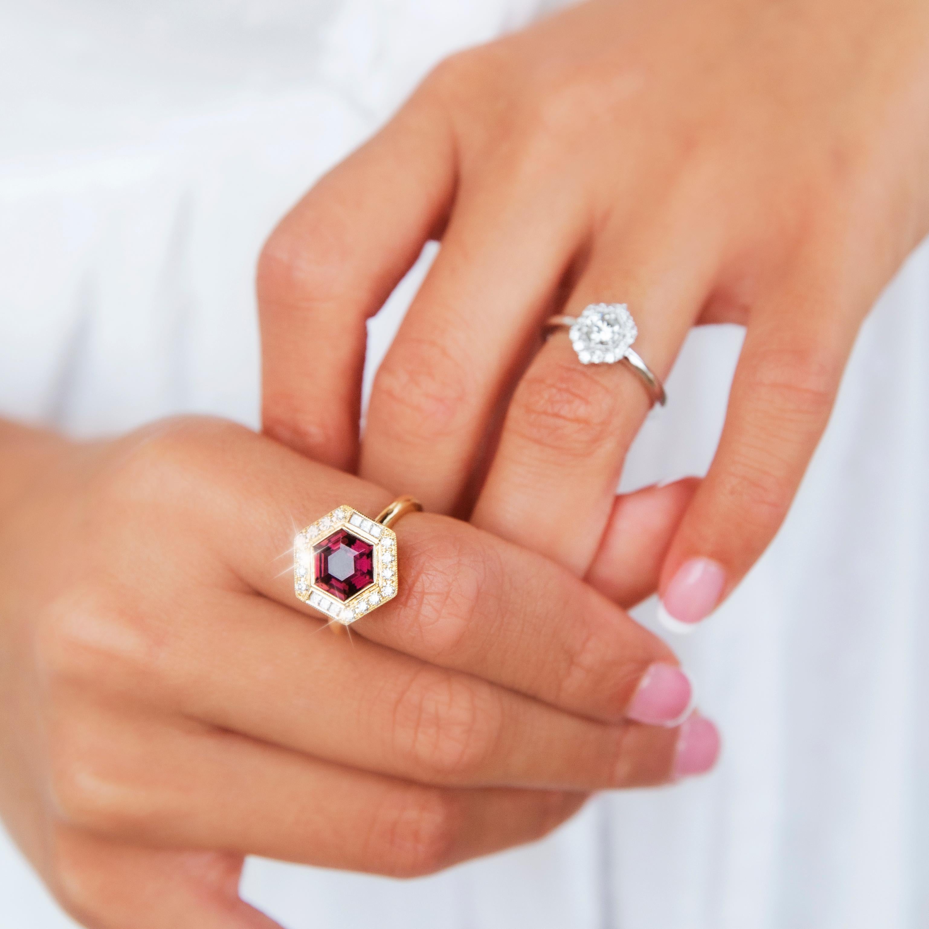 Women's or Men's Contemporary 0.54 Carat Diamond 18 Carat White Gold Hexagonal Halo Cluster Ring