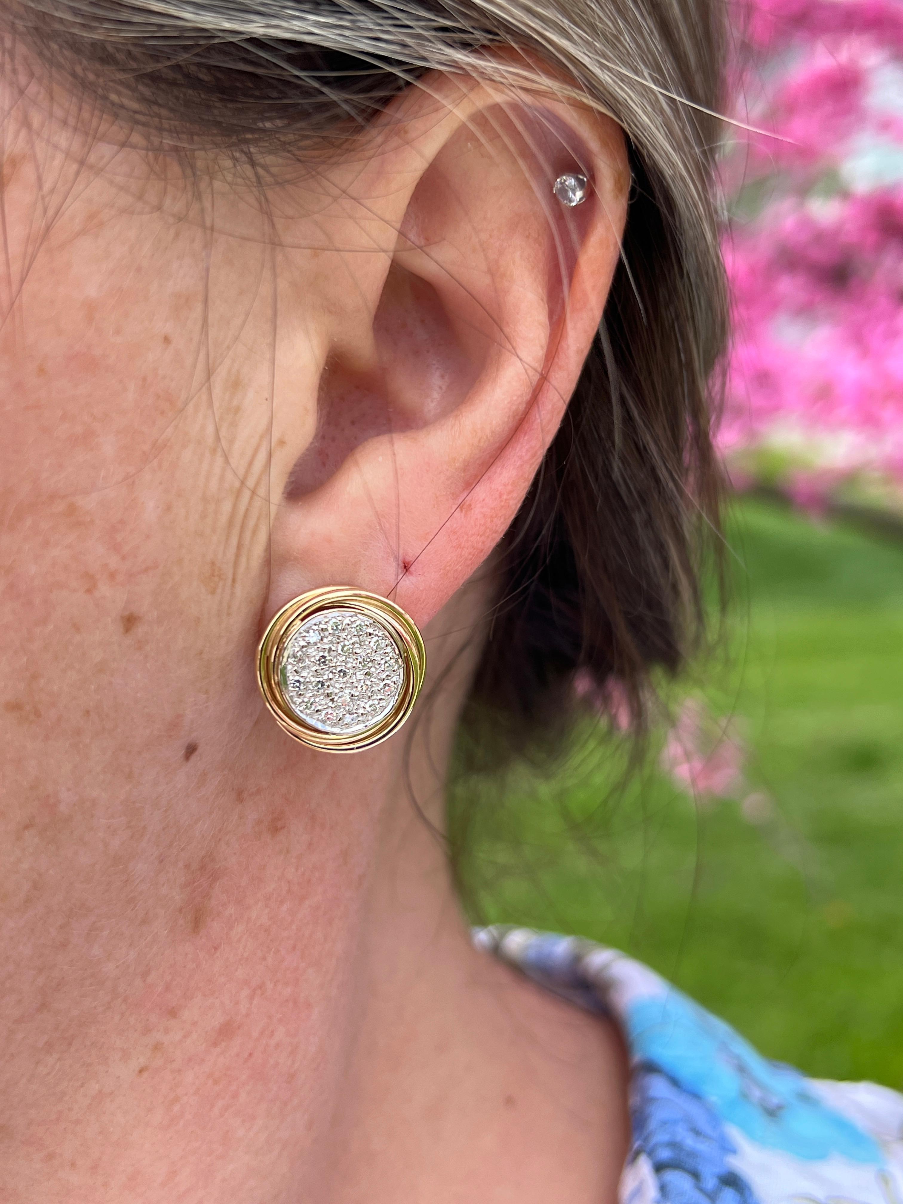 Contemporary 0.57 TCW  Pave Diamond Two Tone Gold Omega Lever Back Earrings For Sale 6