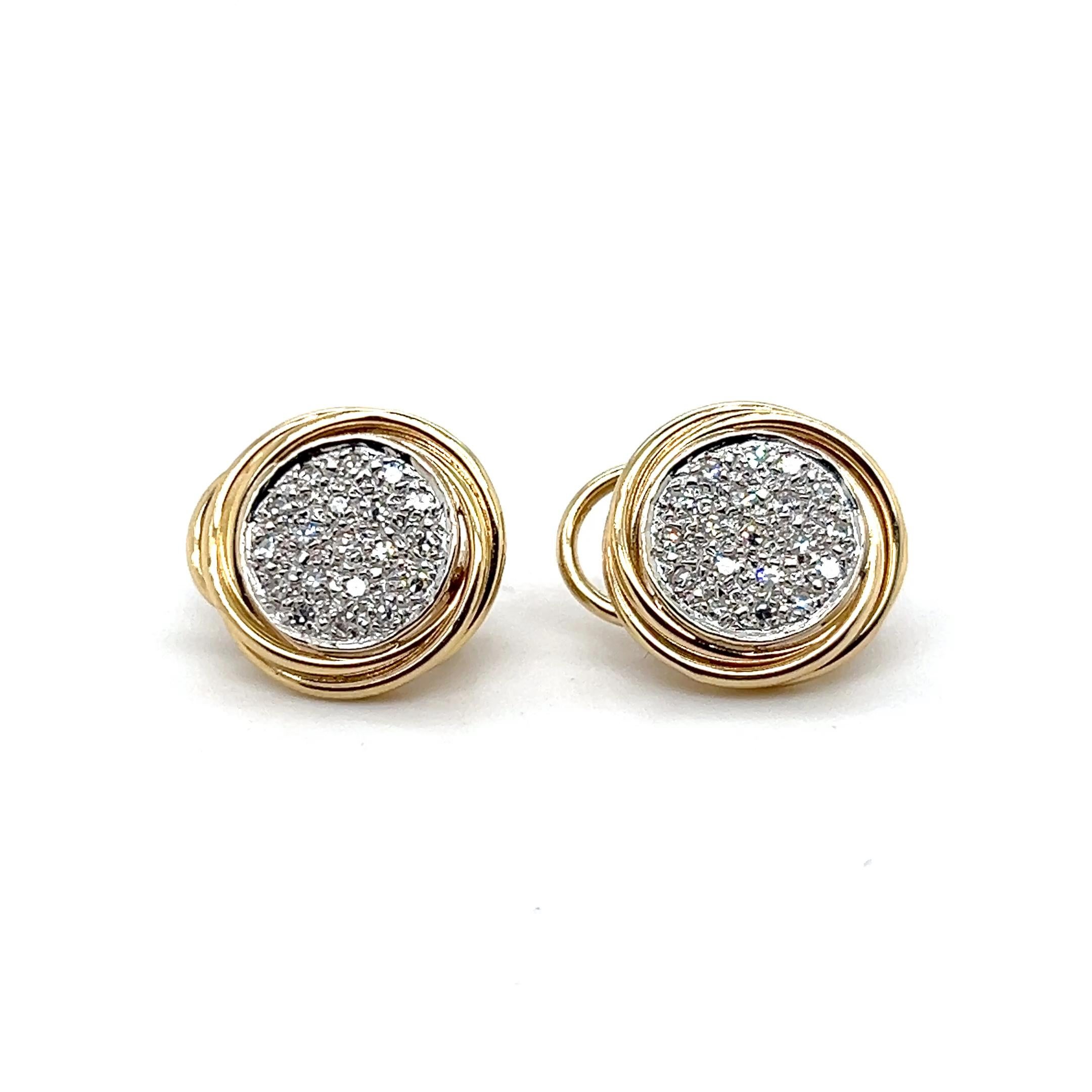 Round Cut Contemporary 0.57 TCW  Pave Diamond Two Tone Gold Omega Lever Back Earrings For Sale